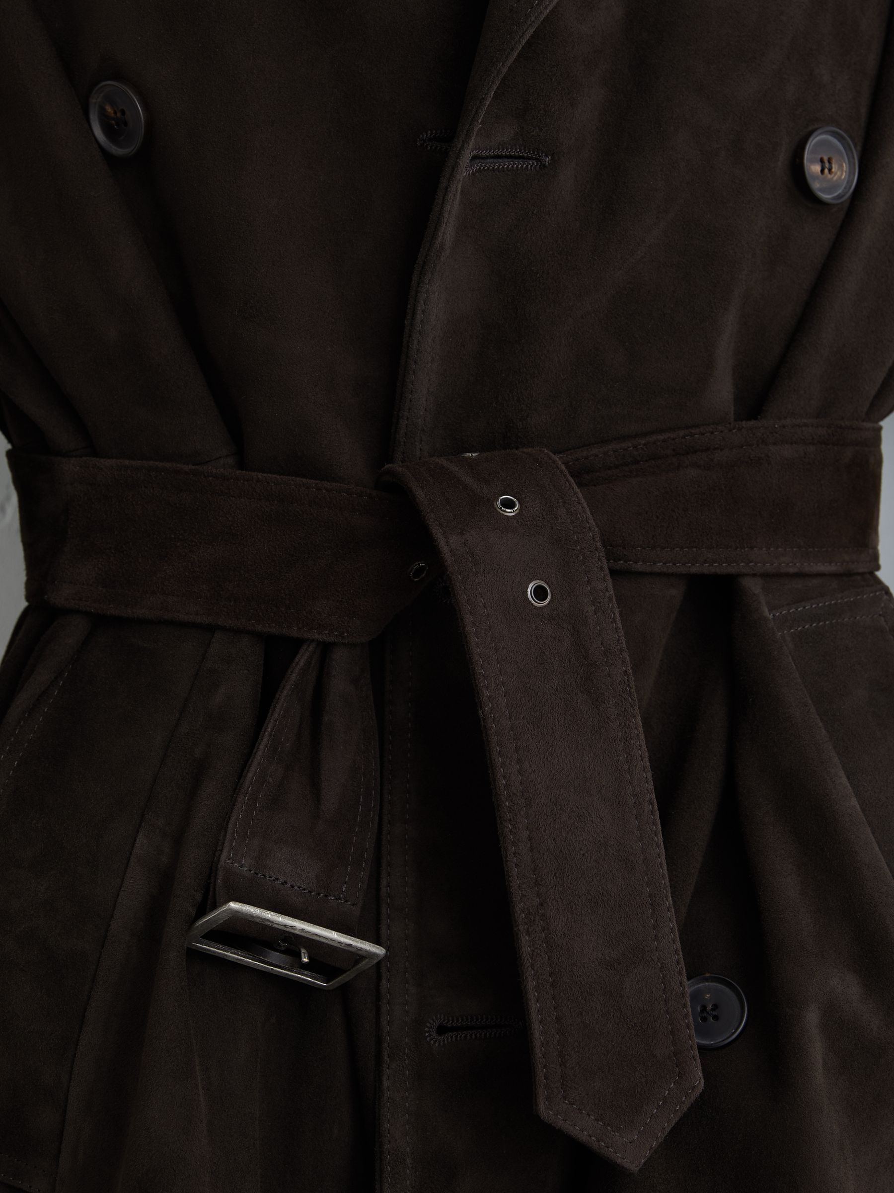 Suede Double-Breasted Trench Coat in Chocolate Brown - Image 4 of 8