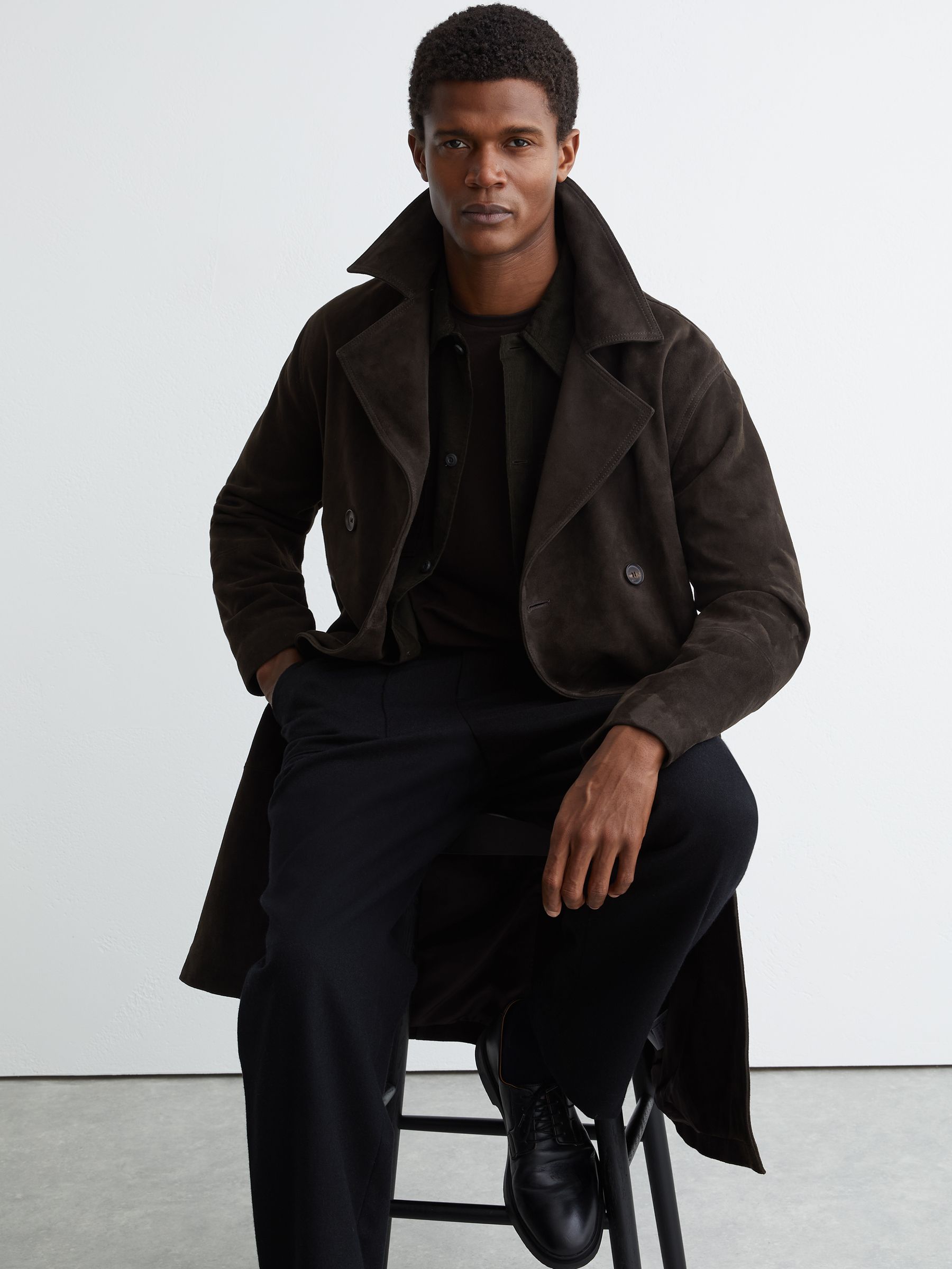 Suede Double-Breasted Trench Coat in Chocolate Brown - image 4