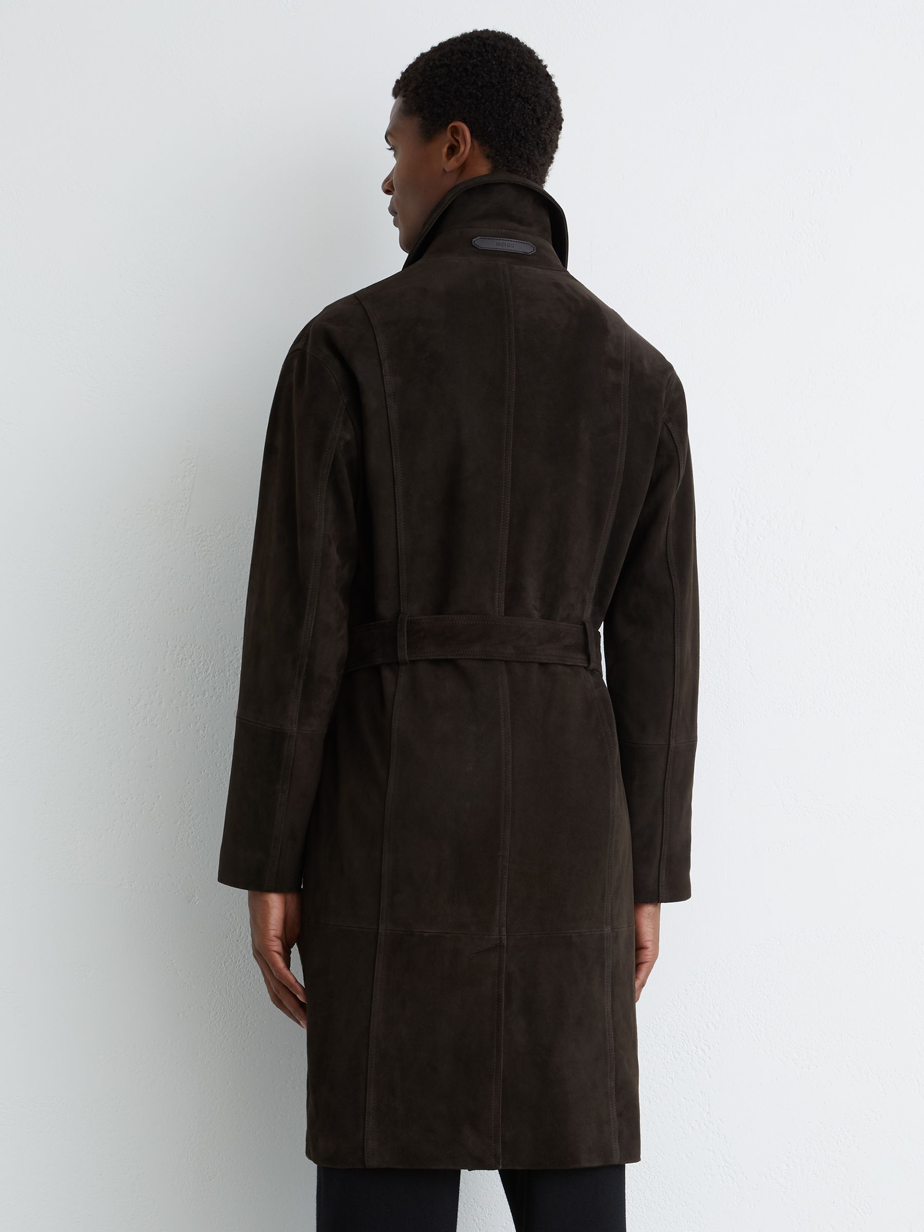 Suede Double-Breasted Trench Coat in Chocolate Brown - Image 6 of 8