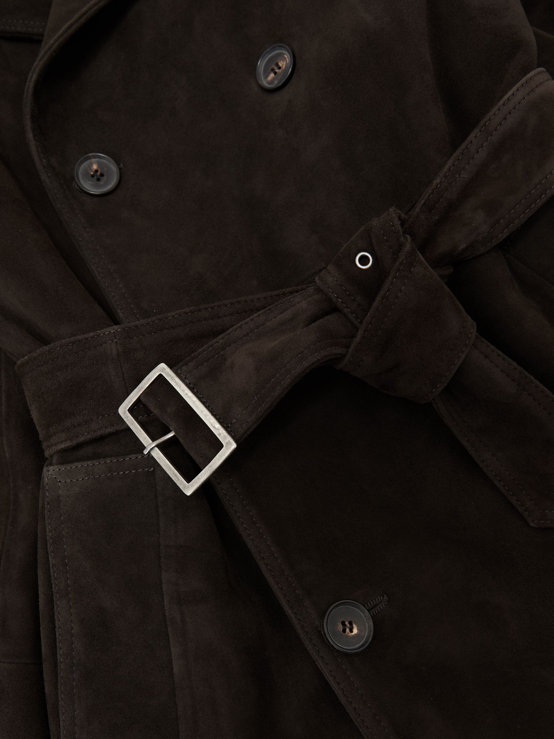 Suede Double-Breasted Trench Coat in Chocolate Brown - Image 8 of 8