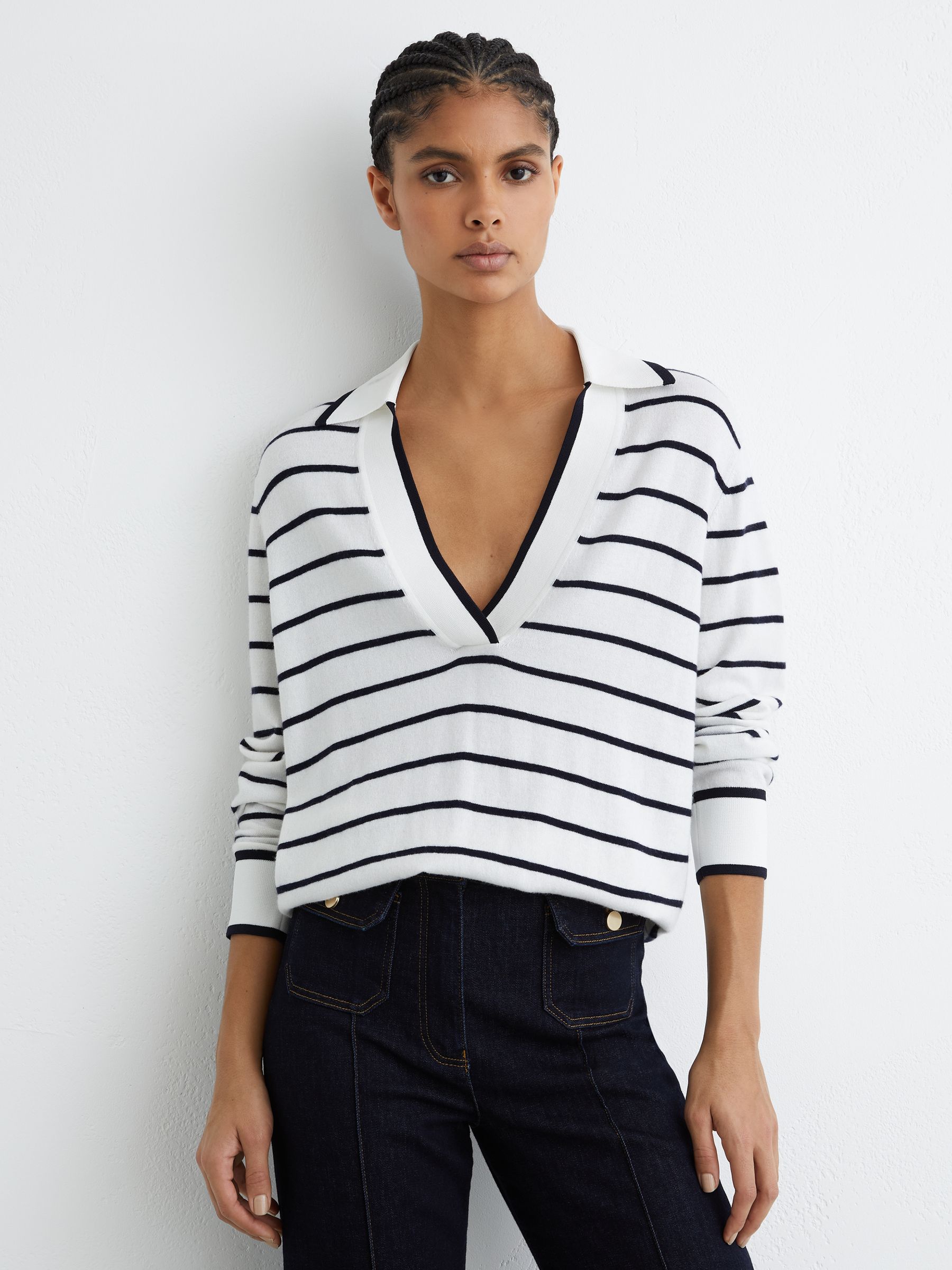 Merino Wool-Blend Collar Stripe Jumper with Cashmere in Ivory/Navy - Image 1 of 6