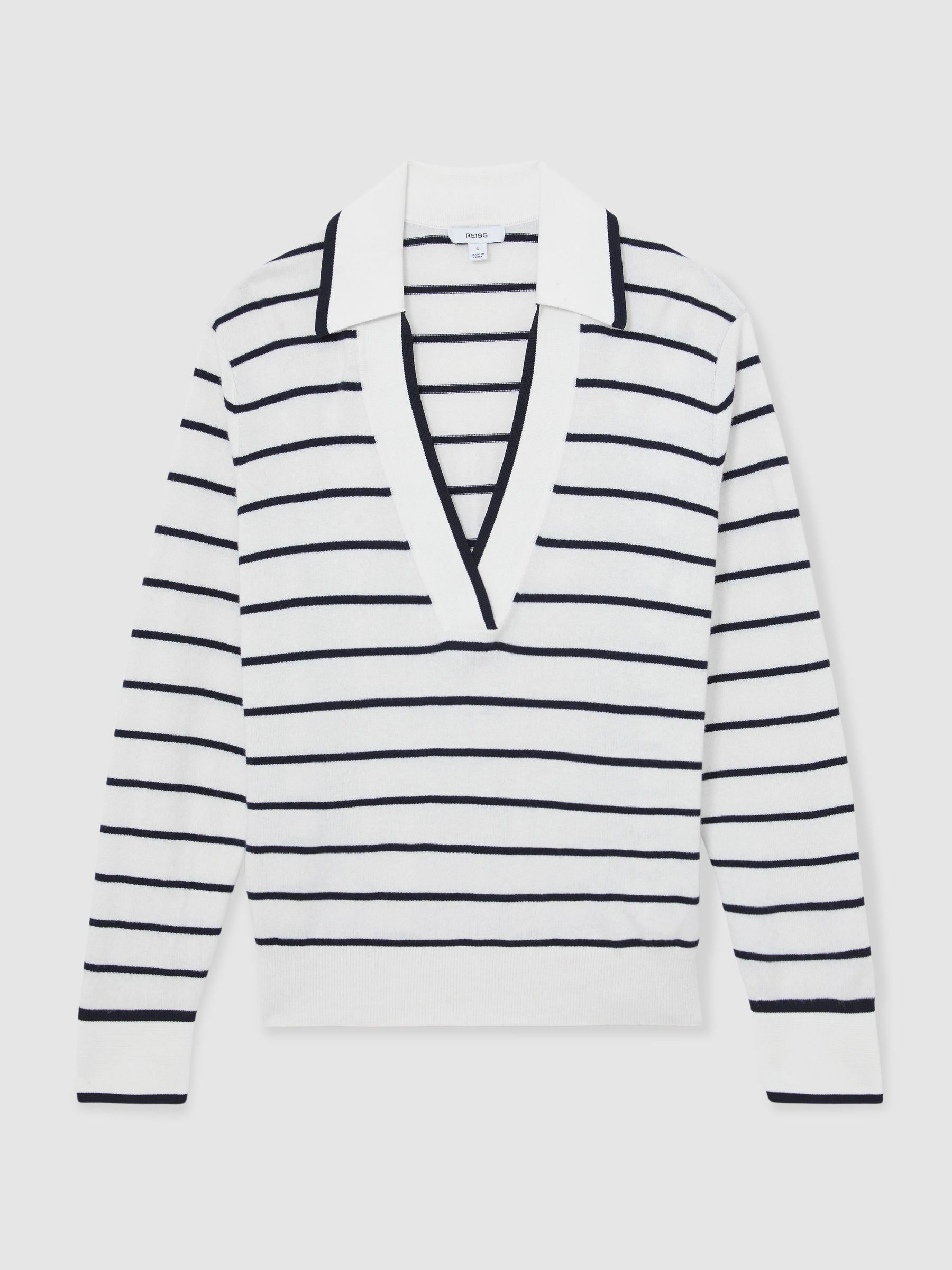 Merino Wool-Blend Collar Stripe Jumper with Cashmere in Ivory/Navy - Image 2 of 6