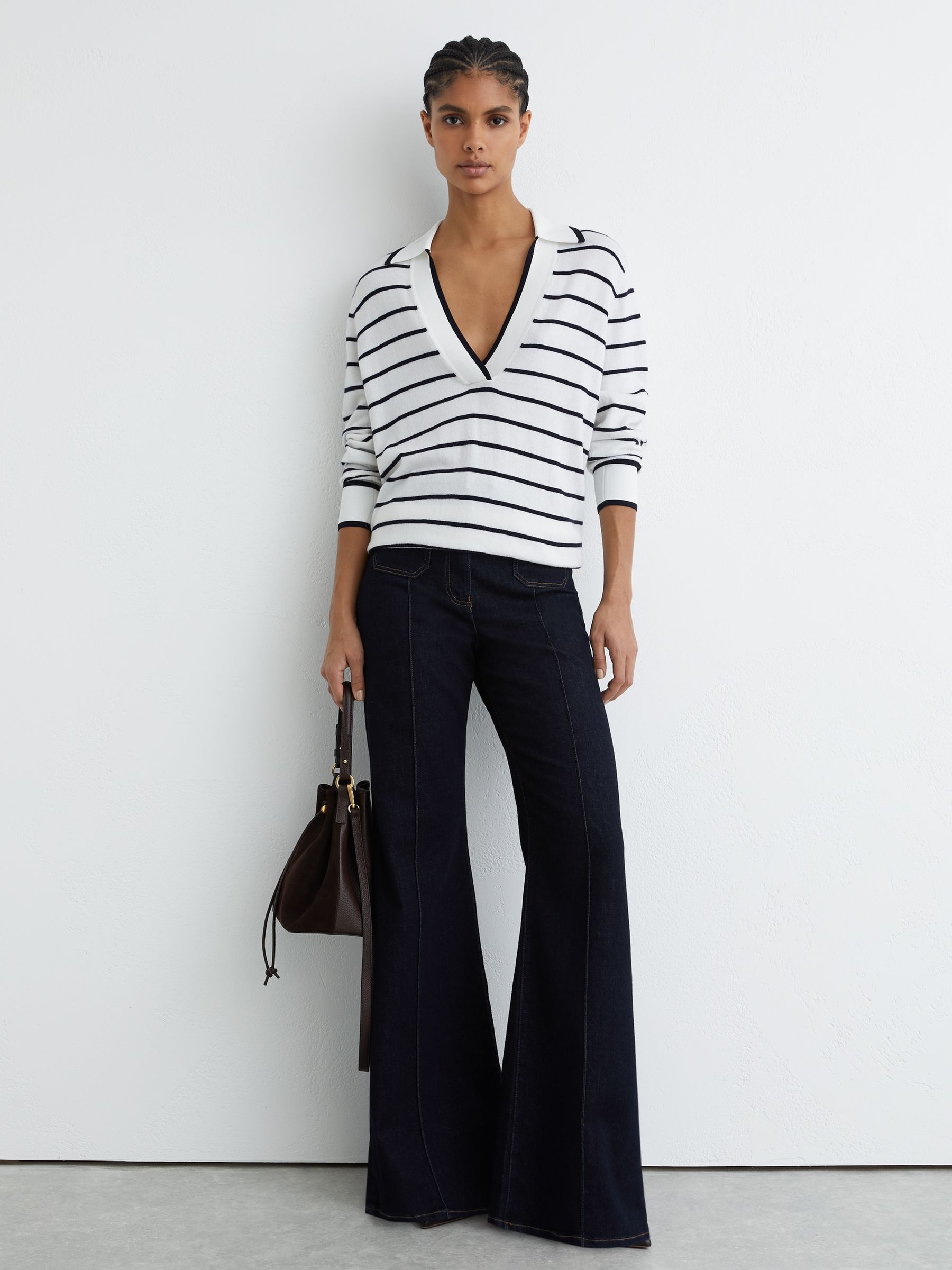 Merino Wool-Blend Collar Stripe Jumper with Cashmere in Ivory/Navy - Image 3 of 6