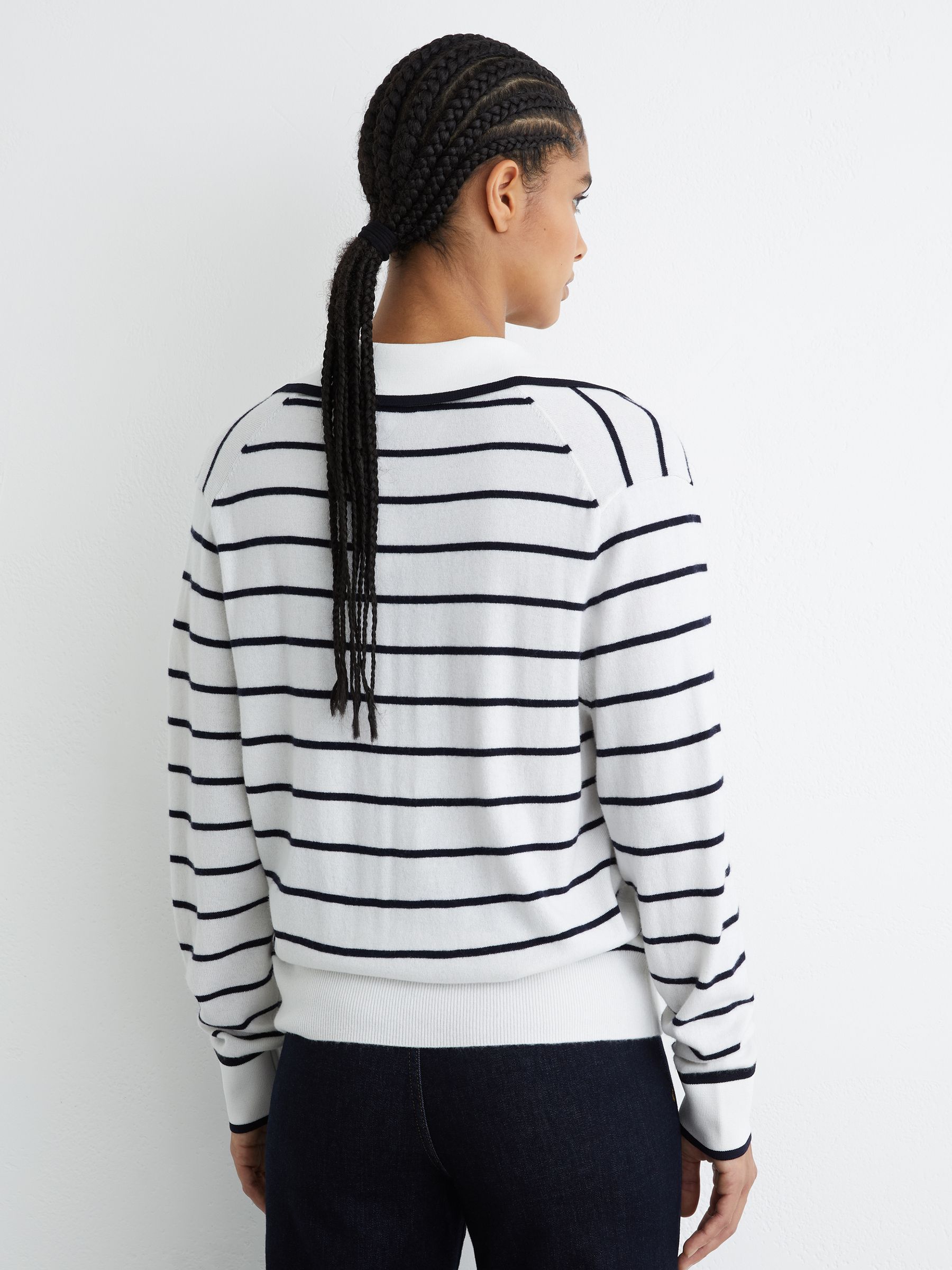 Merino Wool-Blend Collar Stripe Jumper with Cashmere in Ivory/Navy - Image 5 of 6