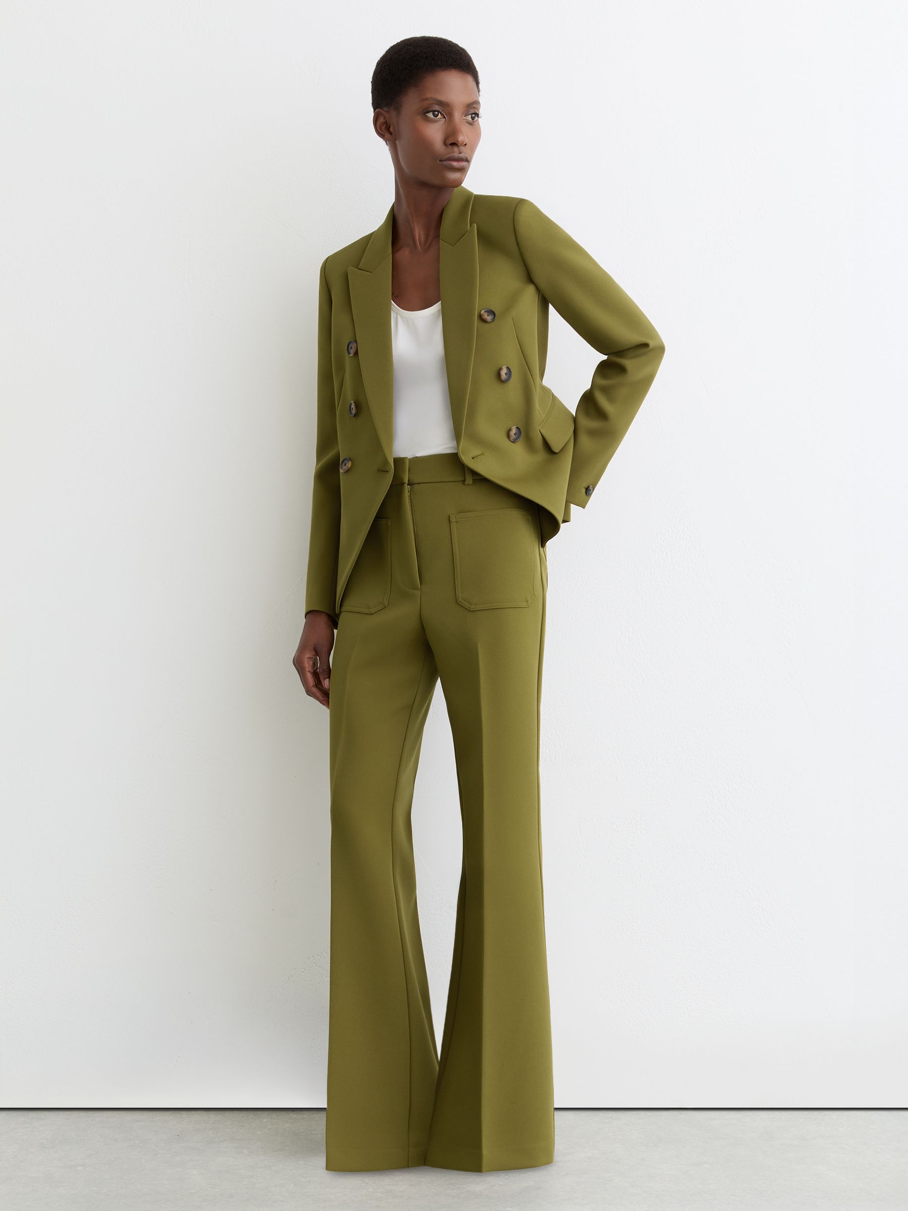 Reiss Twill Patch-Pocket Flared Trousers in Chartreuse Green | REISS