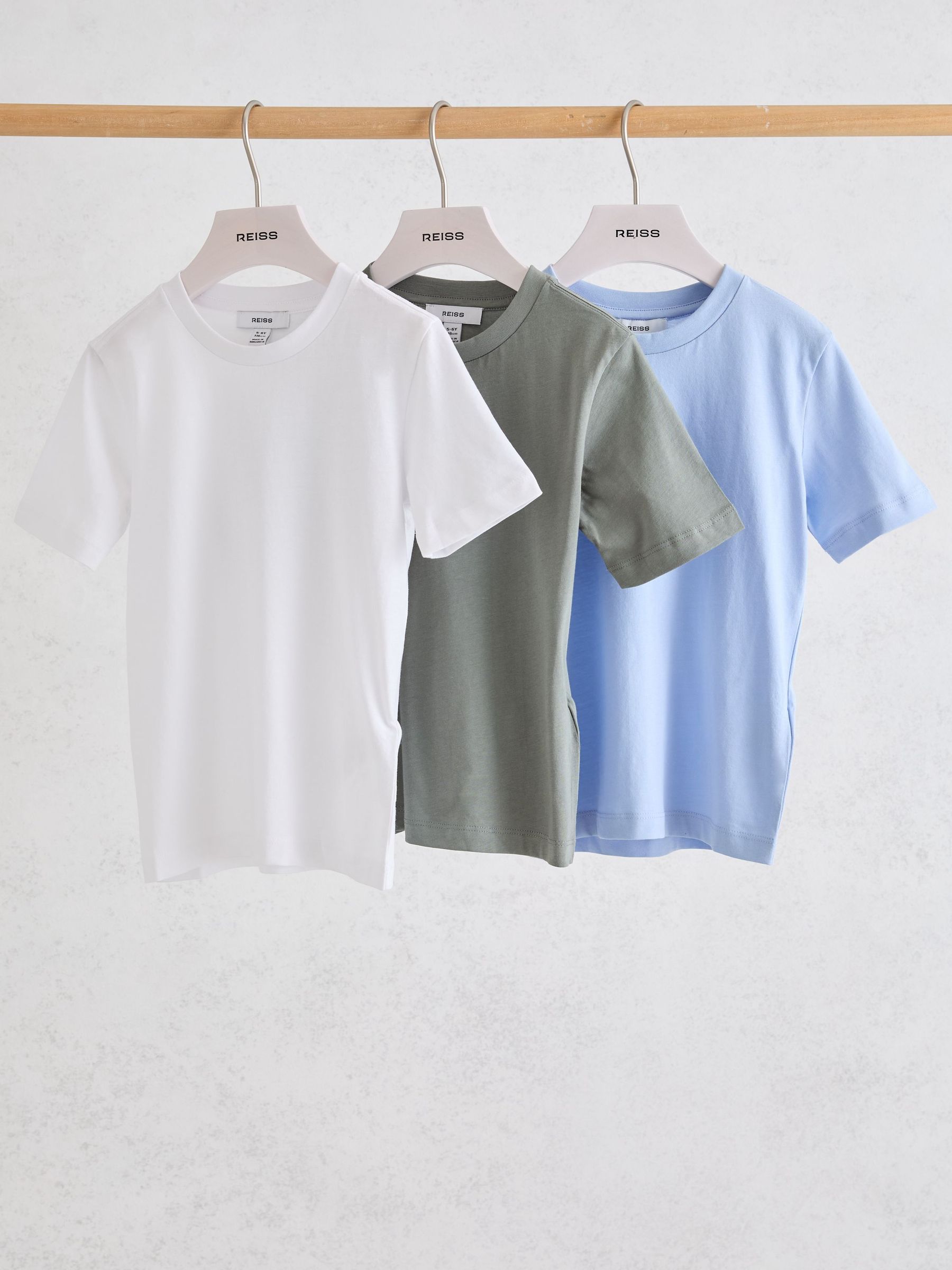 13-14 yrs 3 Pack Cotton Crew-Neck T-Shirts in Soft Blue/Dark Sage/White - Image 2 of 3
