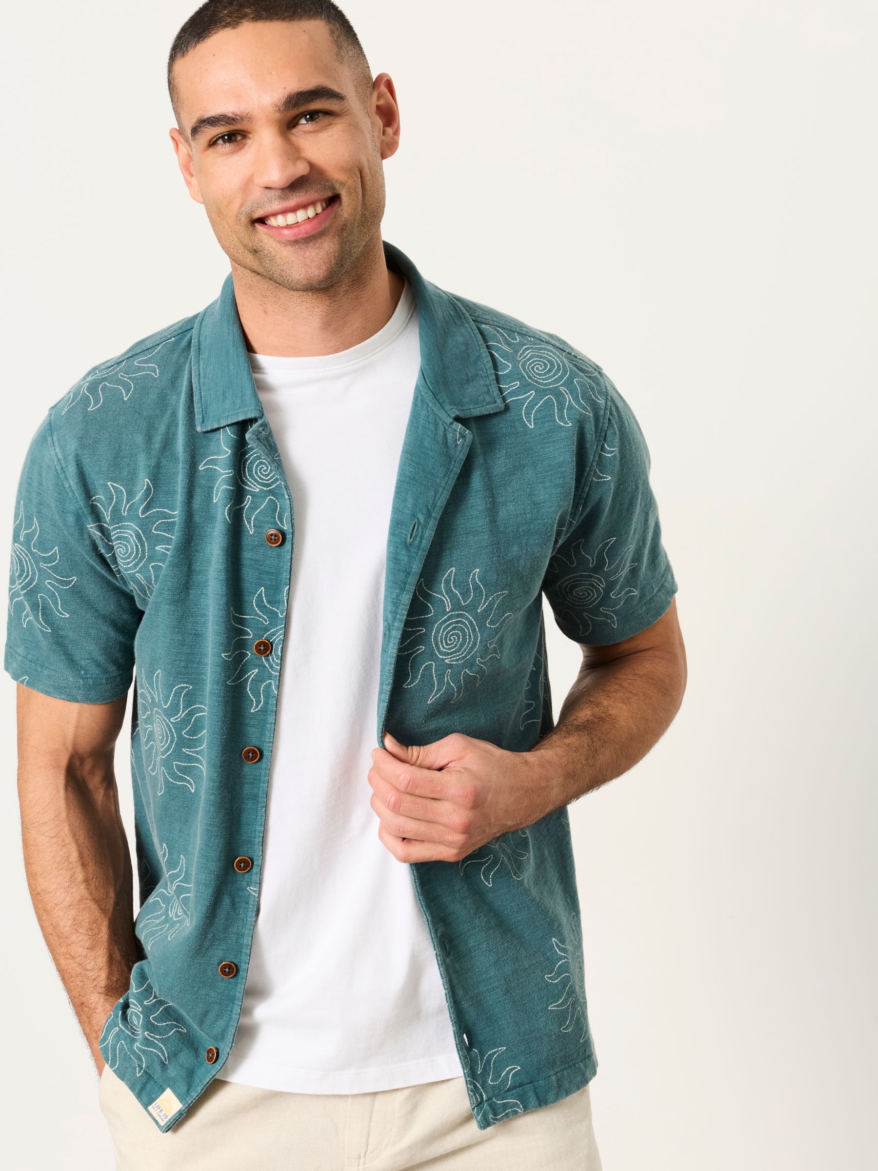 Dark Teal Blue Printed Sun Shirt - Image 1 of 6