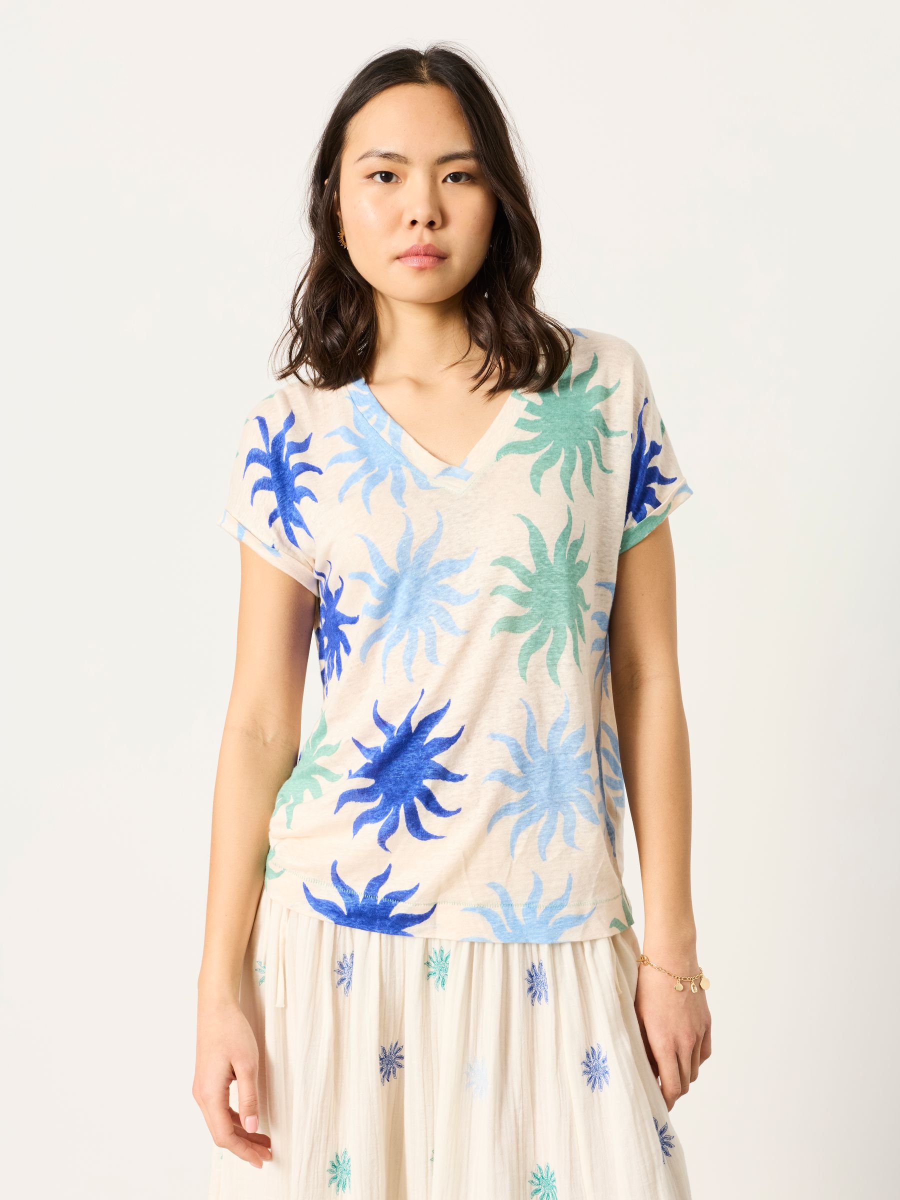 Lauren Ivory Sun Tile Linen V Neck T Shirt - Image 1 of 5