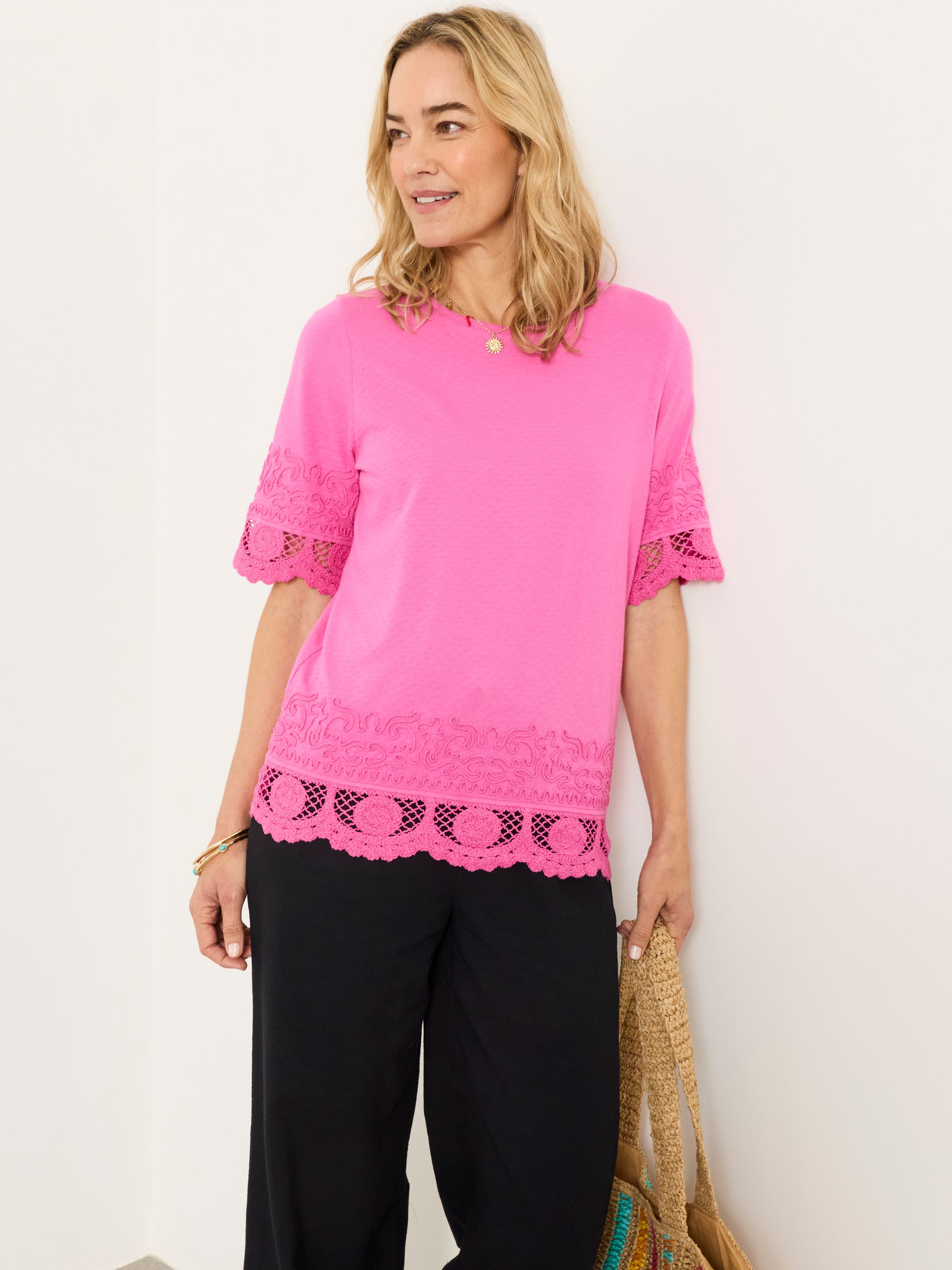 Chloe Pink Crochet Detail T-Shirt - Image 1 of 6