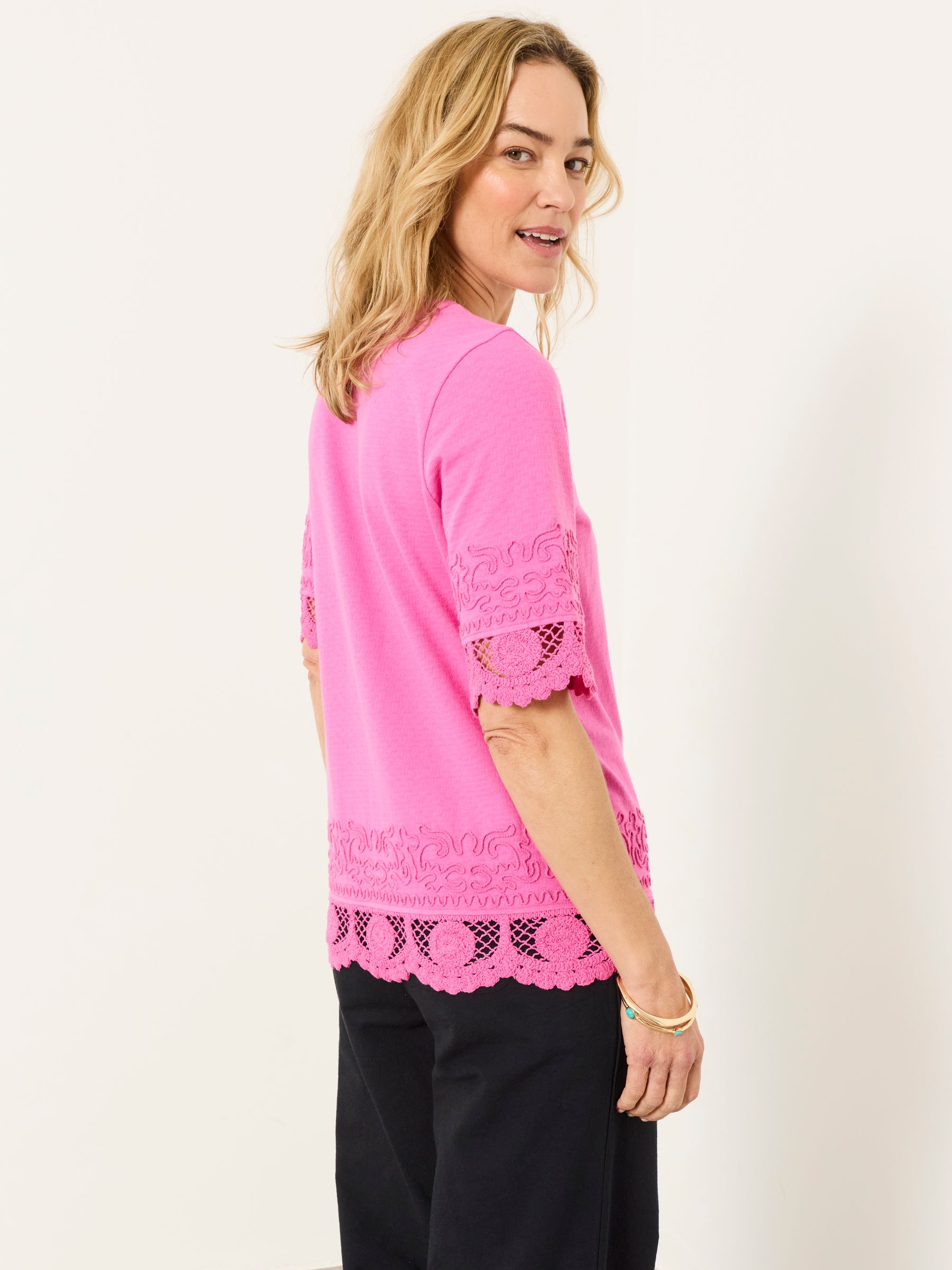 Chloe Pink Crochet Detail T-Shirt - Image 3 of 6
