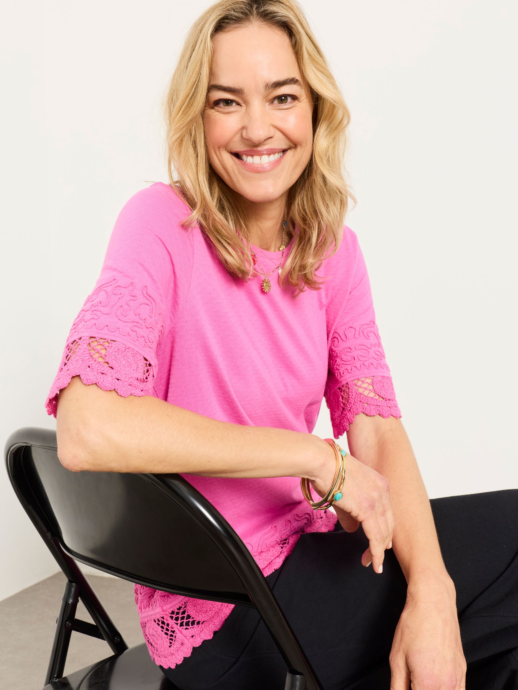 Chloe Pink Crochet Detail T-Shirt - Image 5 of 6