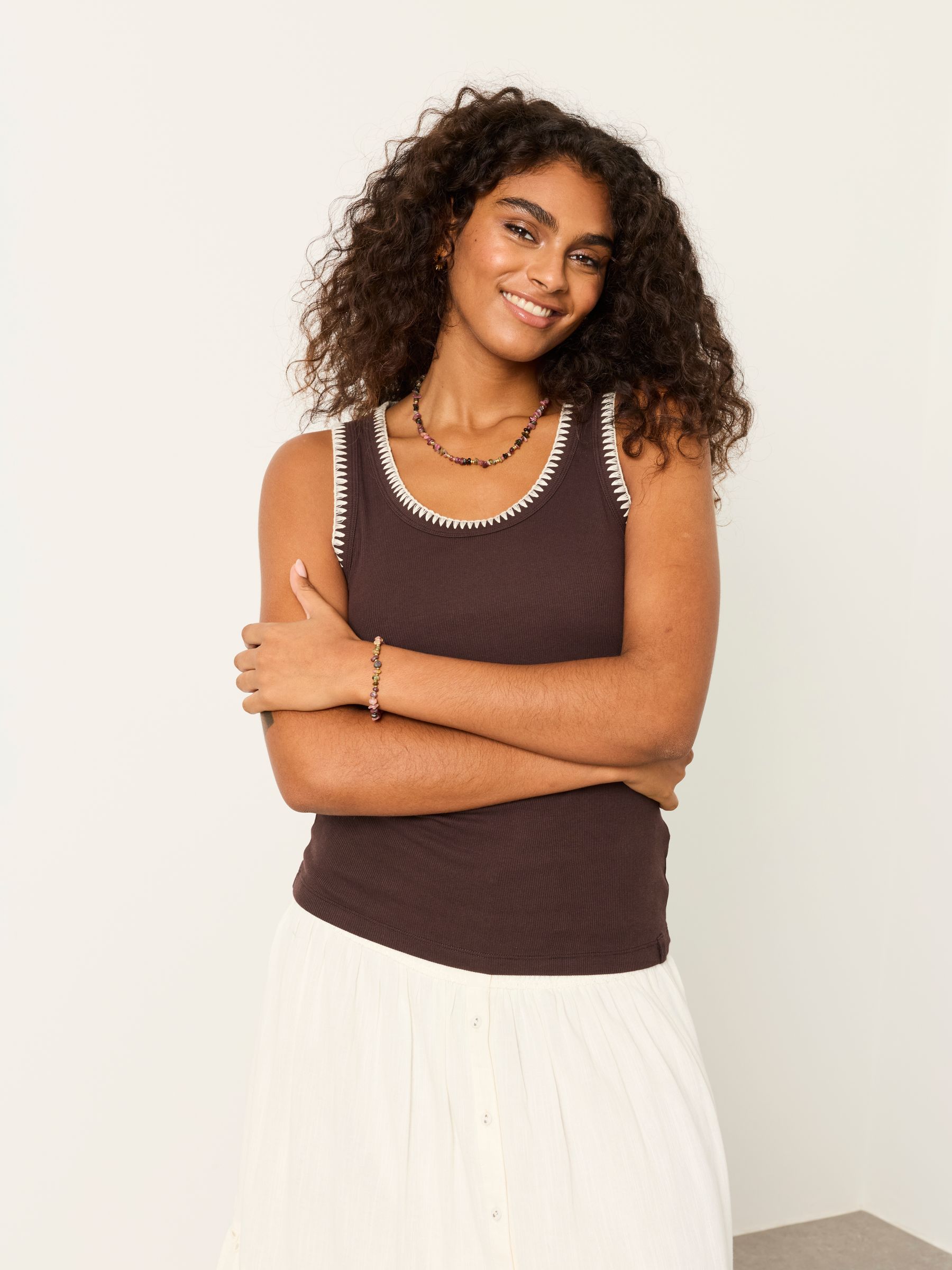 Bella Chocolate Brown Stitch Detail Ribbed Vest - Image 3 of 6