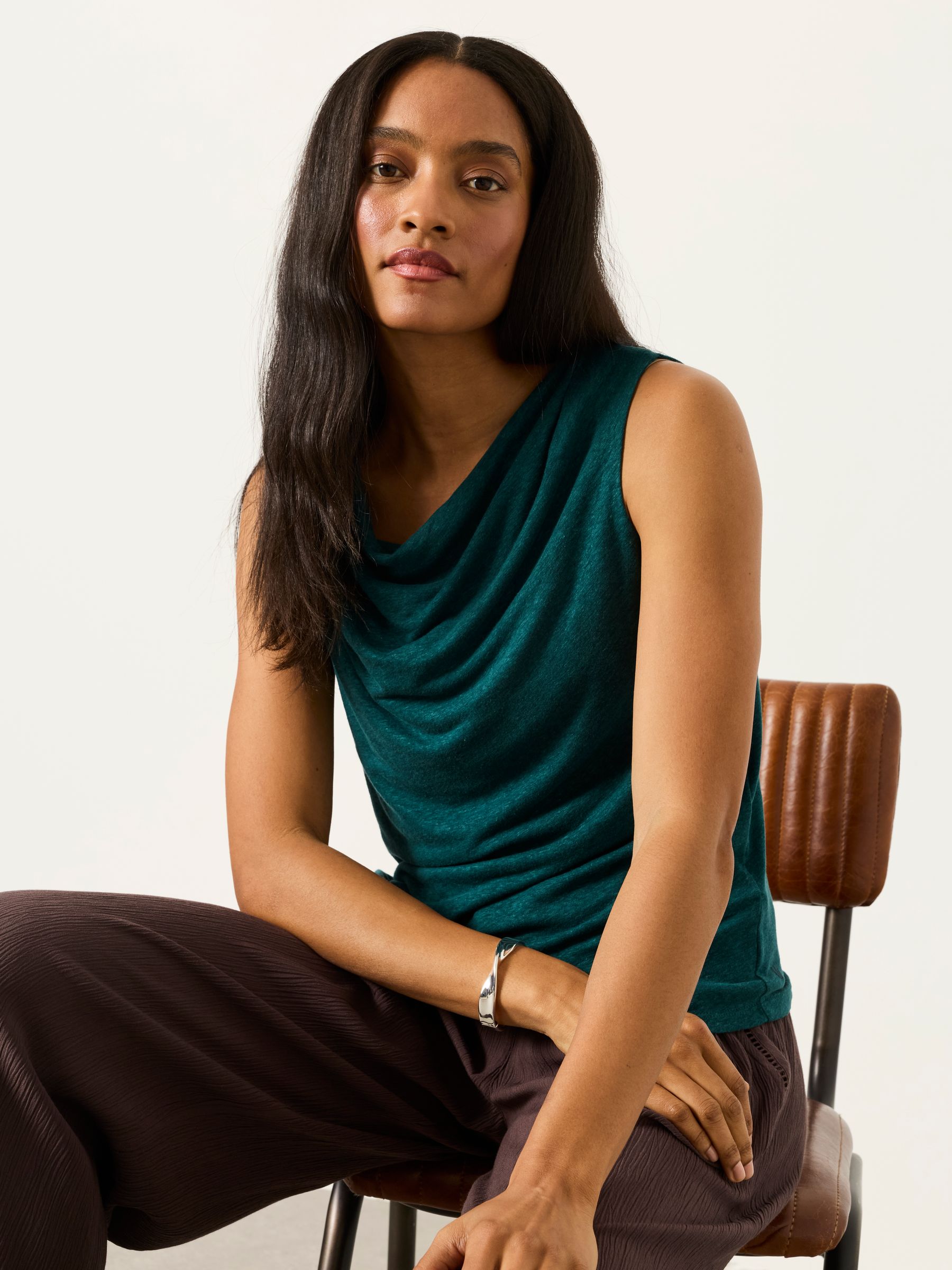 Lola Dark Teal Linen Cowl Neck Tank - Image 3 of 6