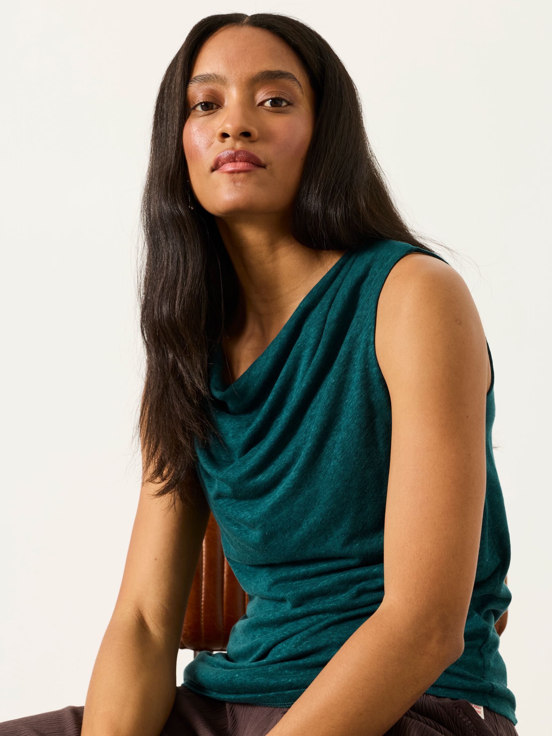 Lola Dark Teal Linen Cowl Neck Tank - Image 4 of 6