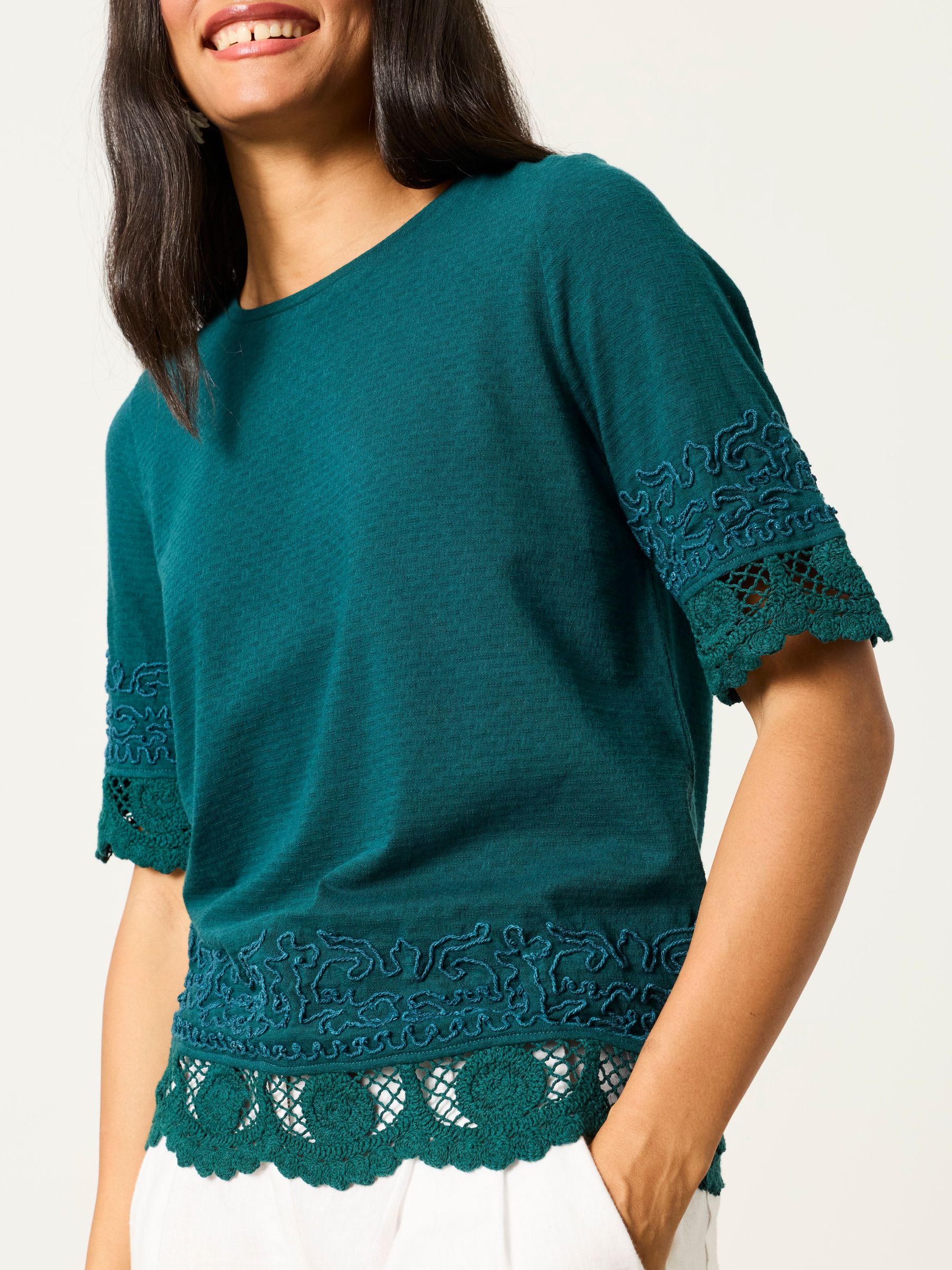 Chloe Teal Blue Crochet Detail T-Shirt - Image 1 of 6