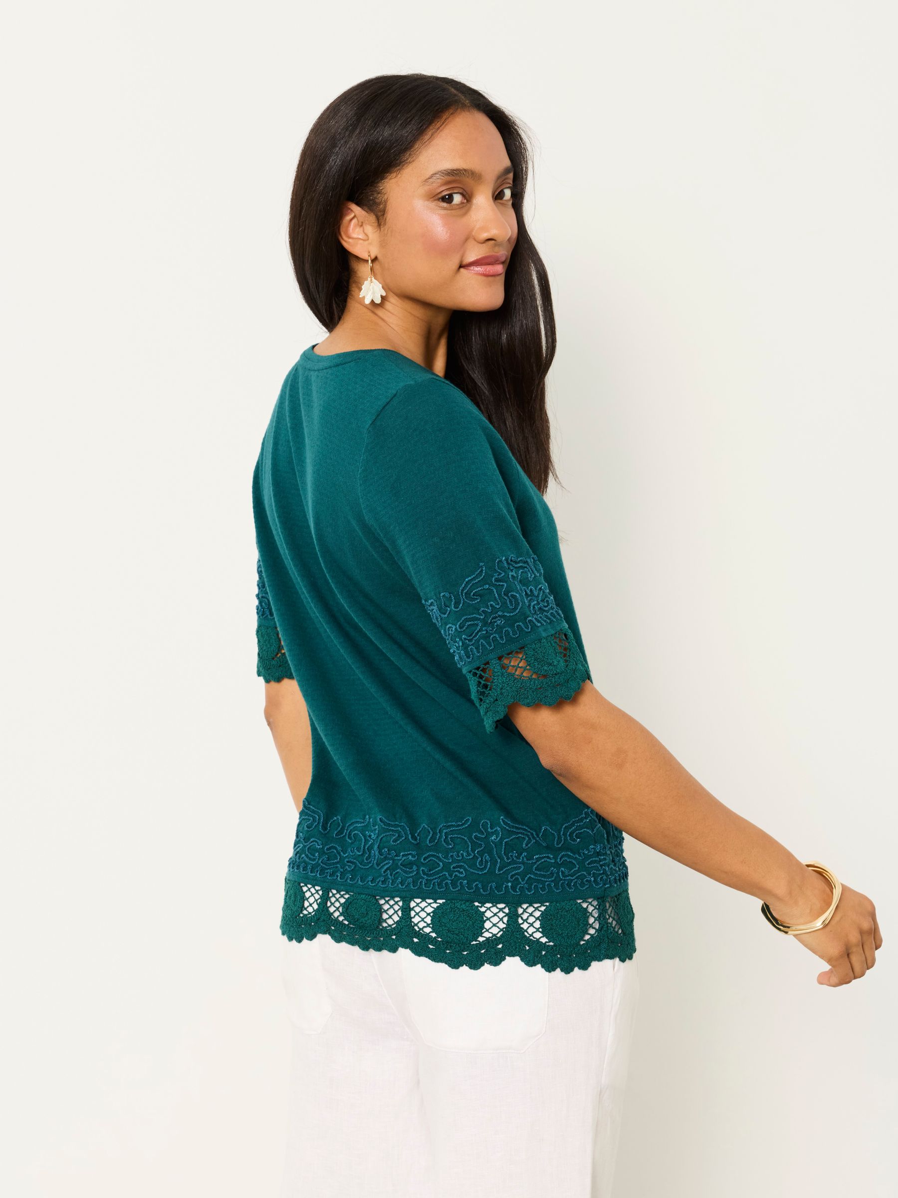 Chloe Teal Blue Crochet Detail T-Shirt - Image 2 of 6