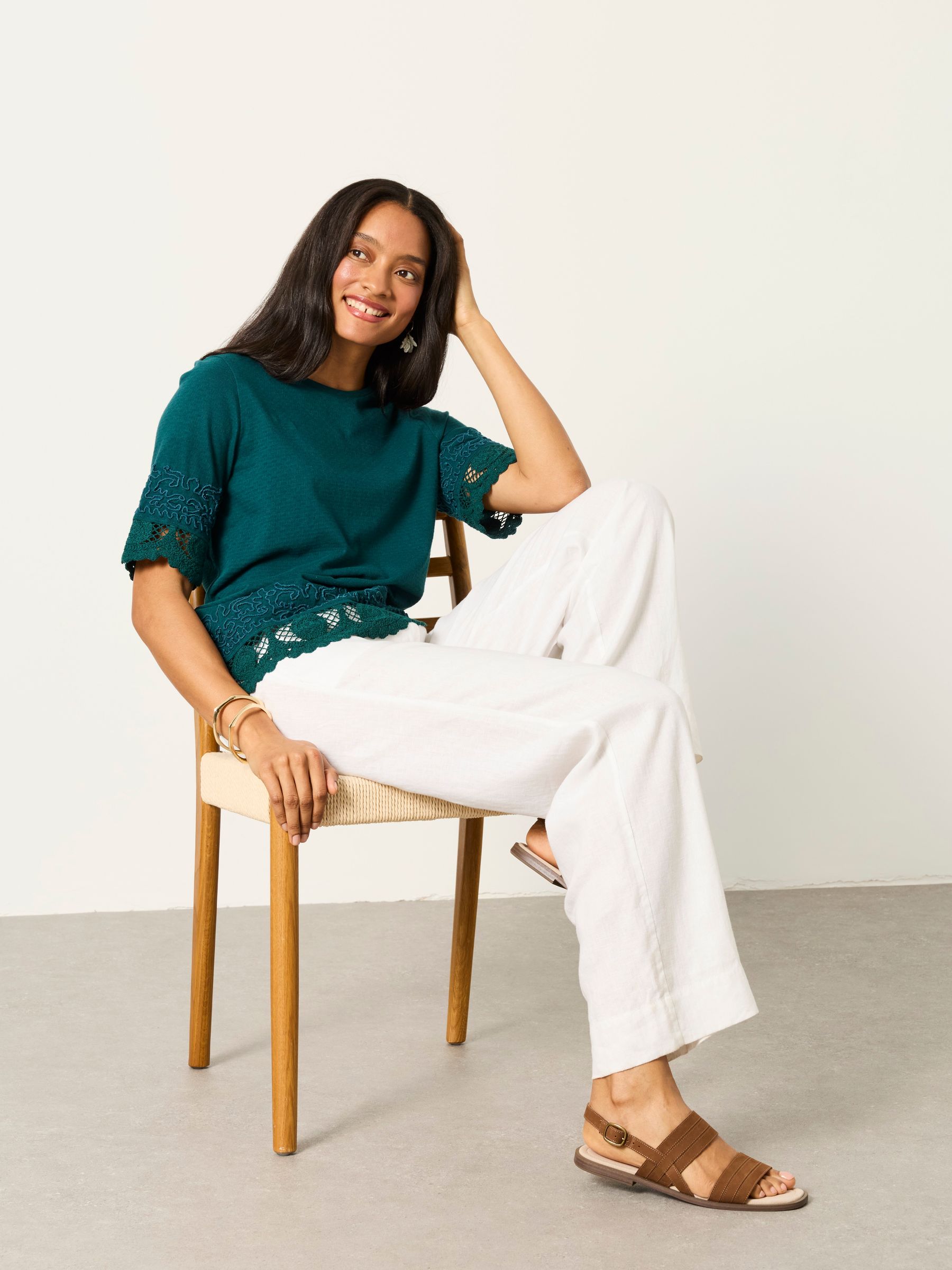 Chloe Teal Blue Crochet Detail T-Shirt - Image 3 of 6