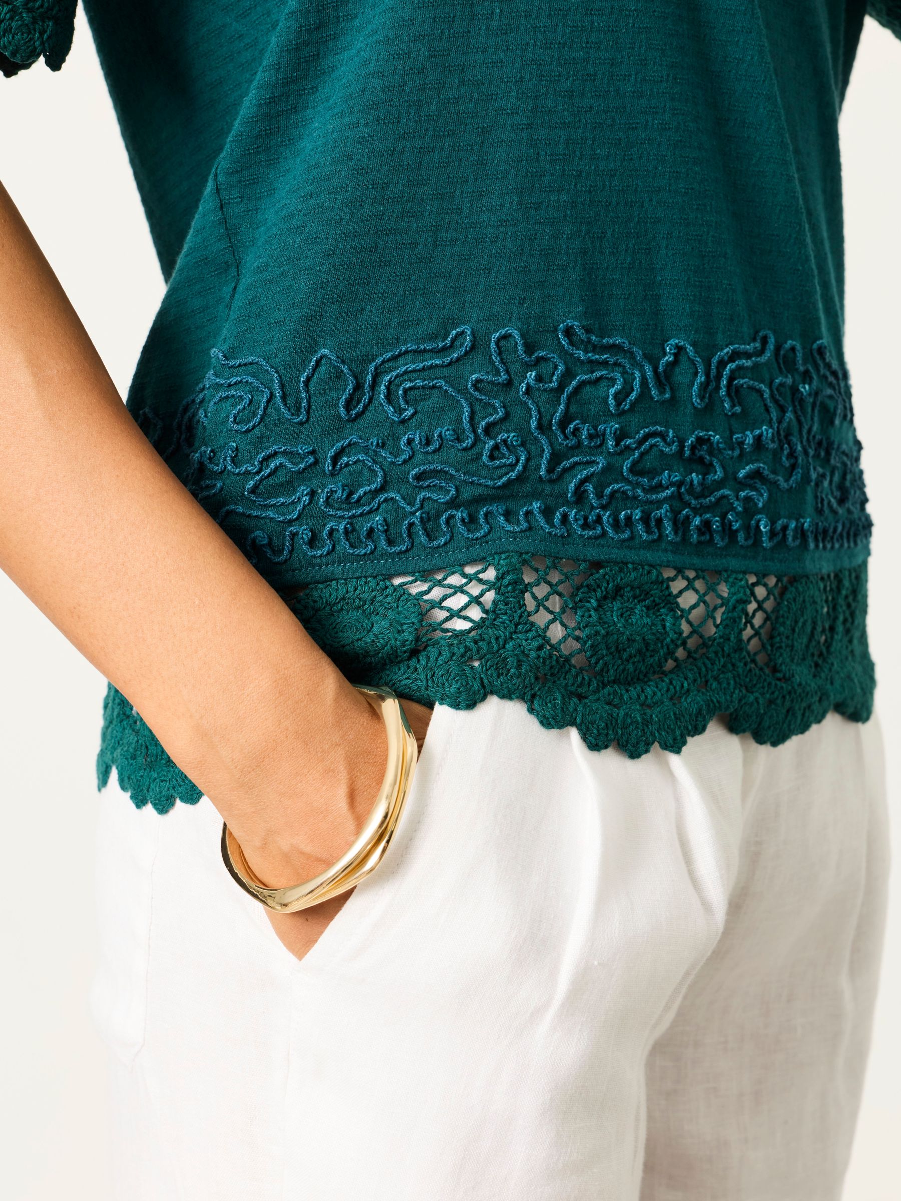 Chloe Teal Blue Crochet Detail T-Shirt - Image 4 of 6
