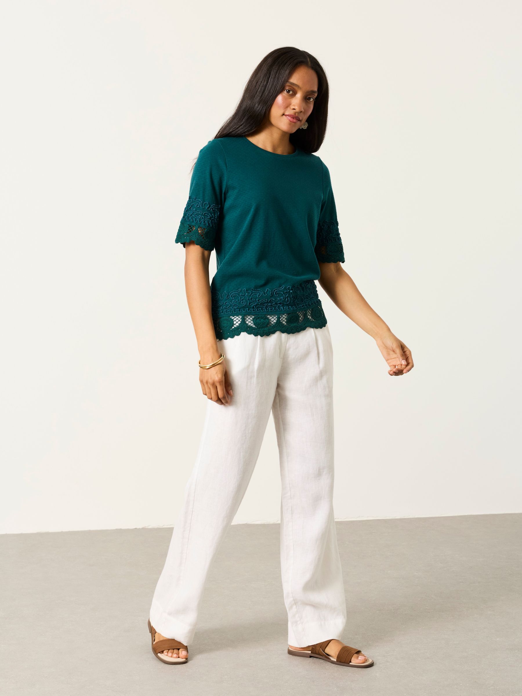 Chloe Teal Blue Crochet Detail T-Shirt - Image 5 of 6
