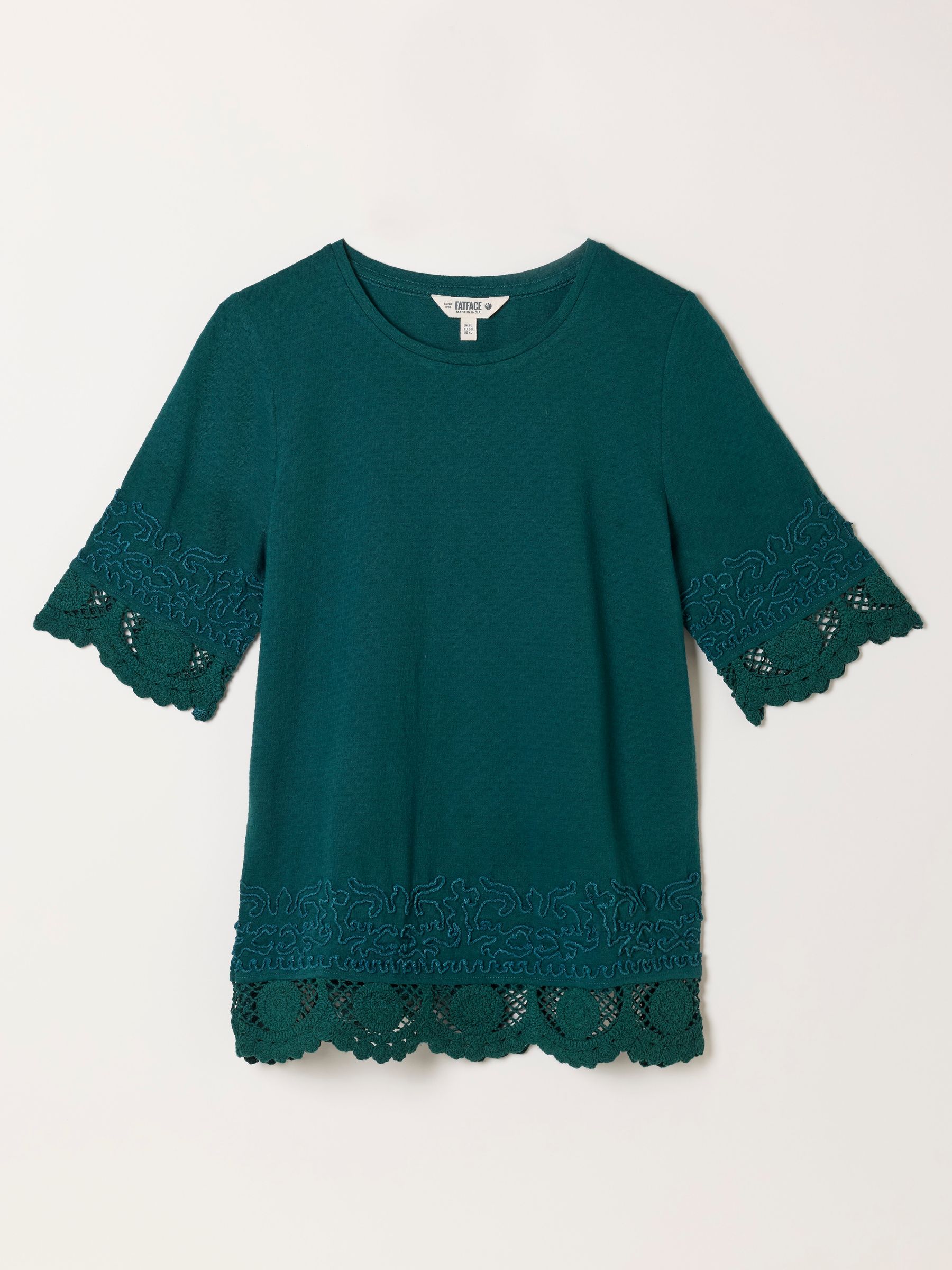 Chloe Teal Blue Crochet Detail T-Shirt - Image 6 of 6