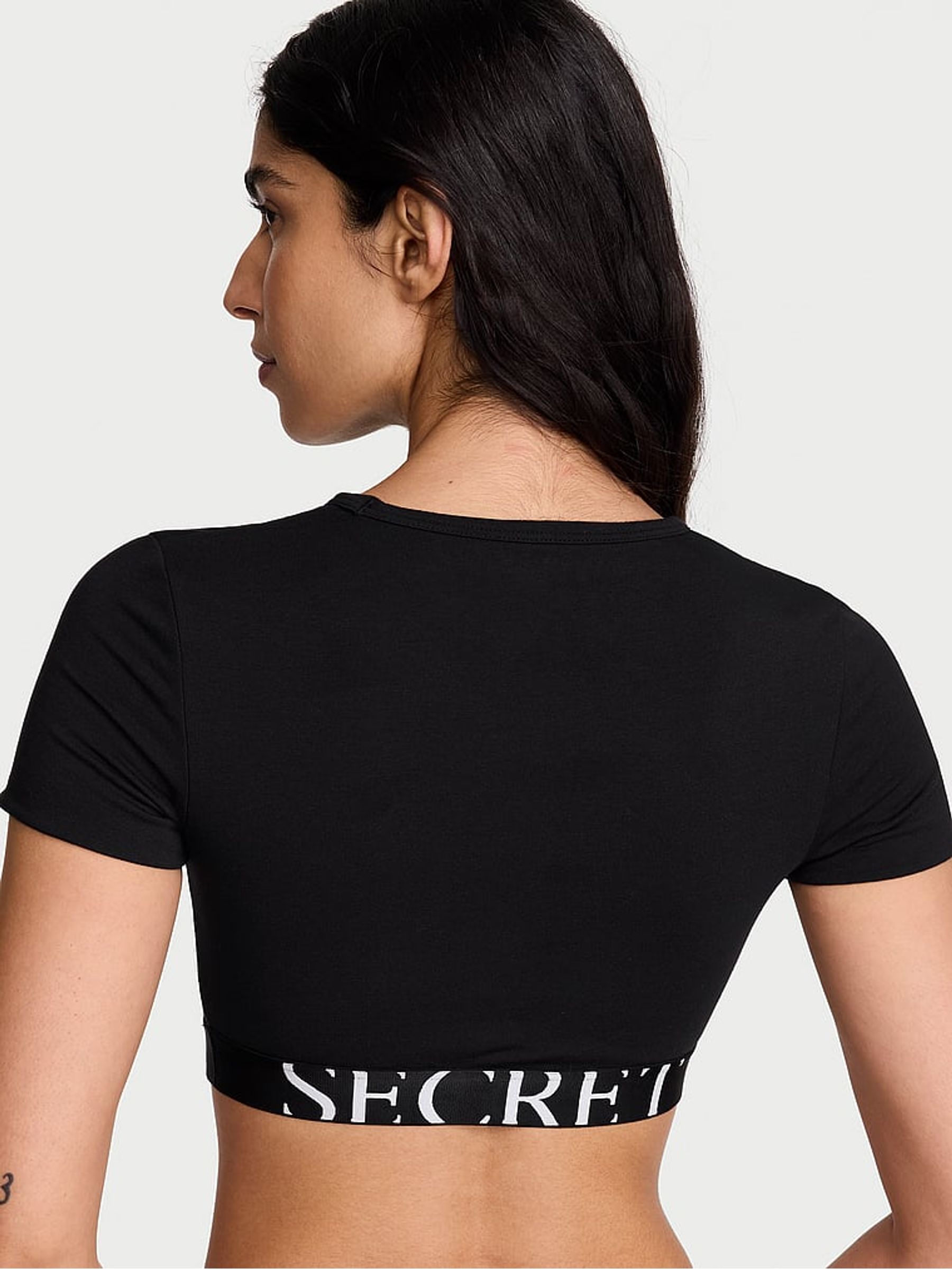 Black Cotton Exploded Logo Short Sleeve Bralette Top - Image 2 of 3