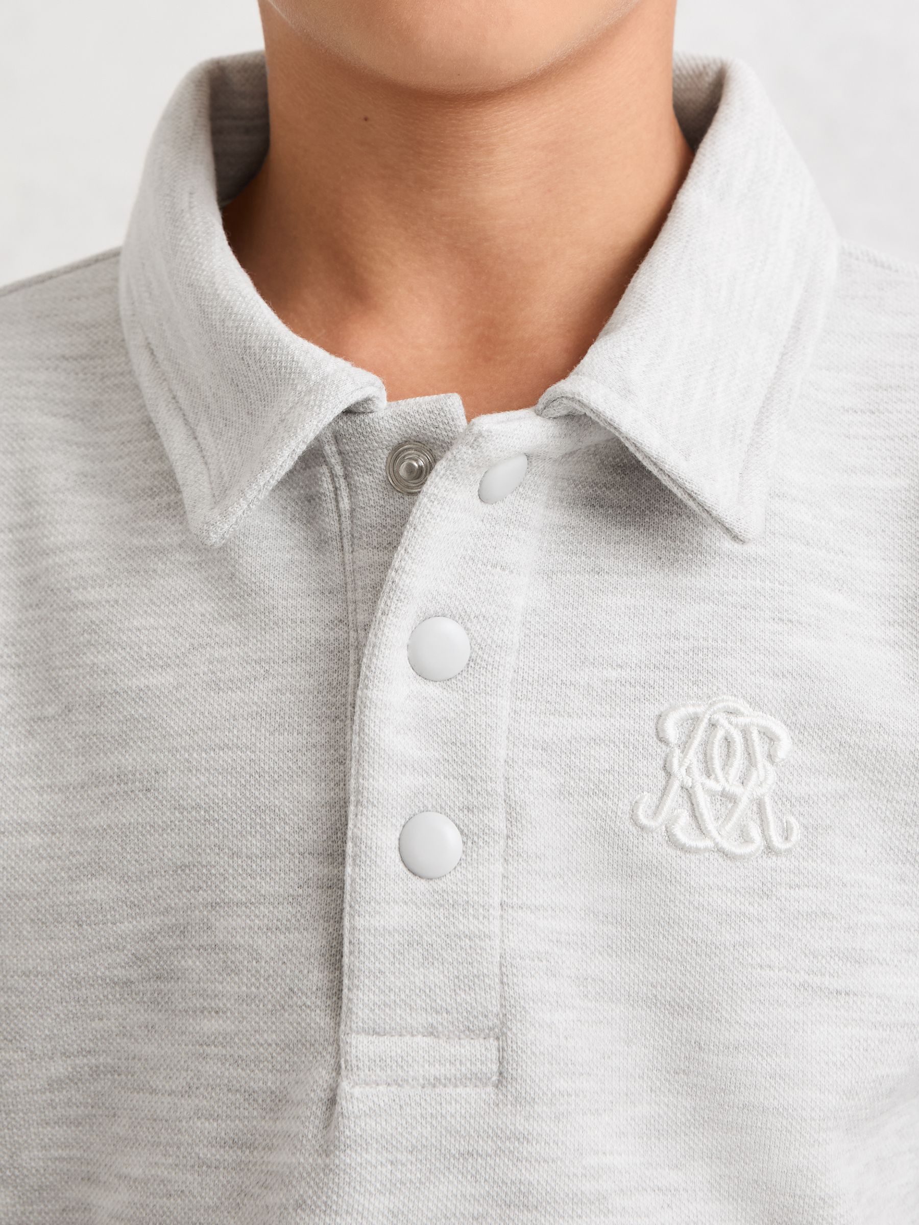 9-13 yrs Monogram Embroidered Polo Shirt in Soft Grey Melange - Image 4 of 5