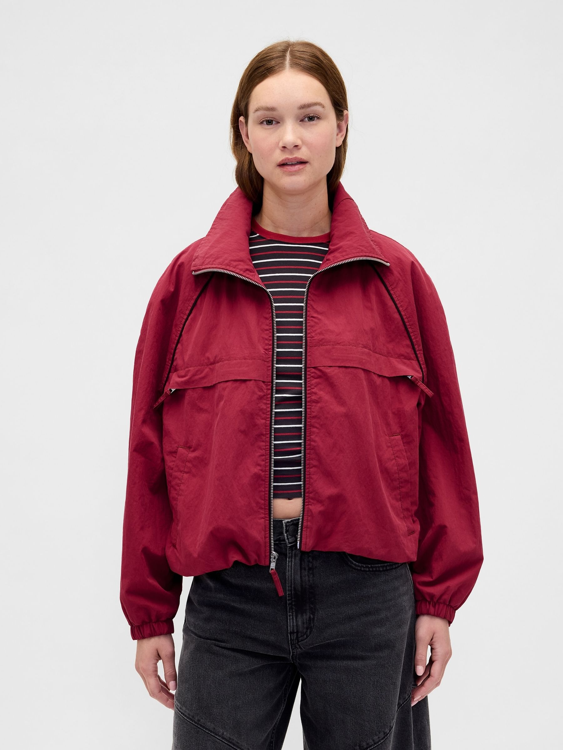 Red Stranger Things Flannel-Lined Track Jacket - Image 1 of 6 Red Stranger Things Flannel-Lined Track Jacket - Image 1 of 6