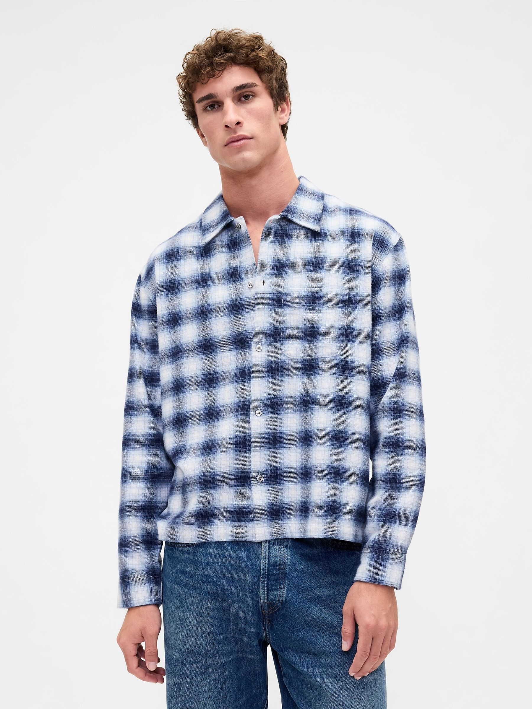 White Check Cotton Relaxed Flannel Shirt - Image 1 of 4