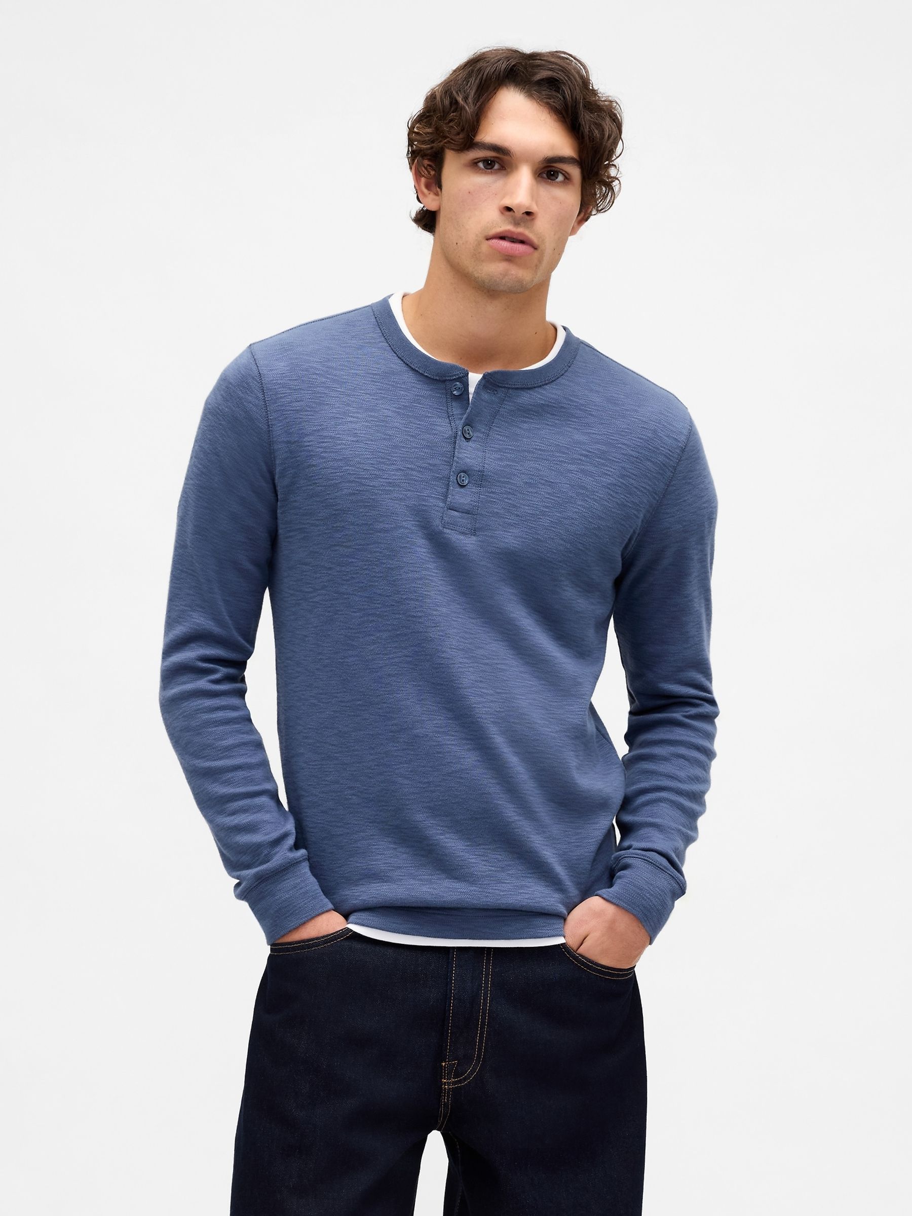 Blue Double-Knit Henley T-Shirt - Image 1 of 4