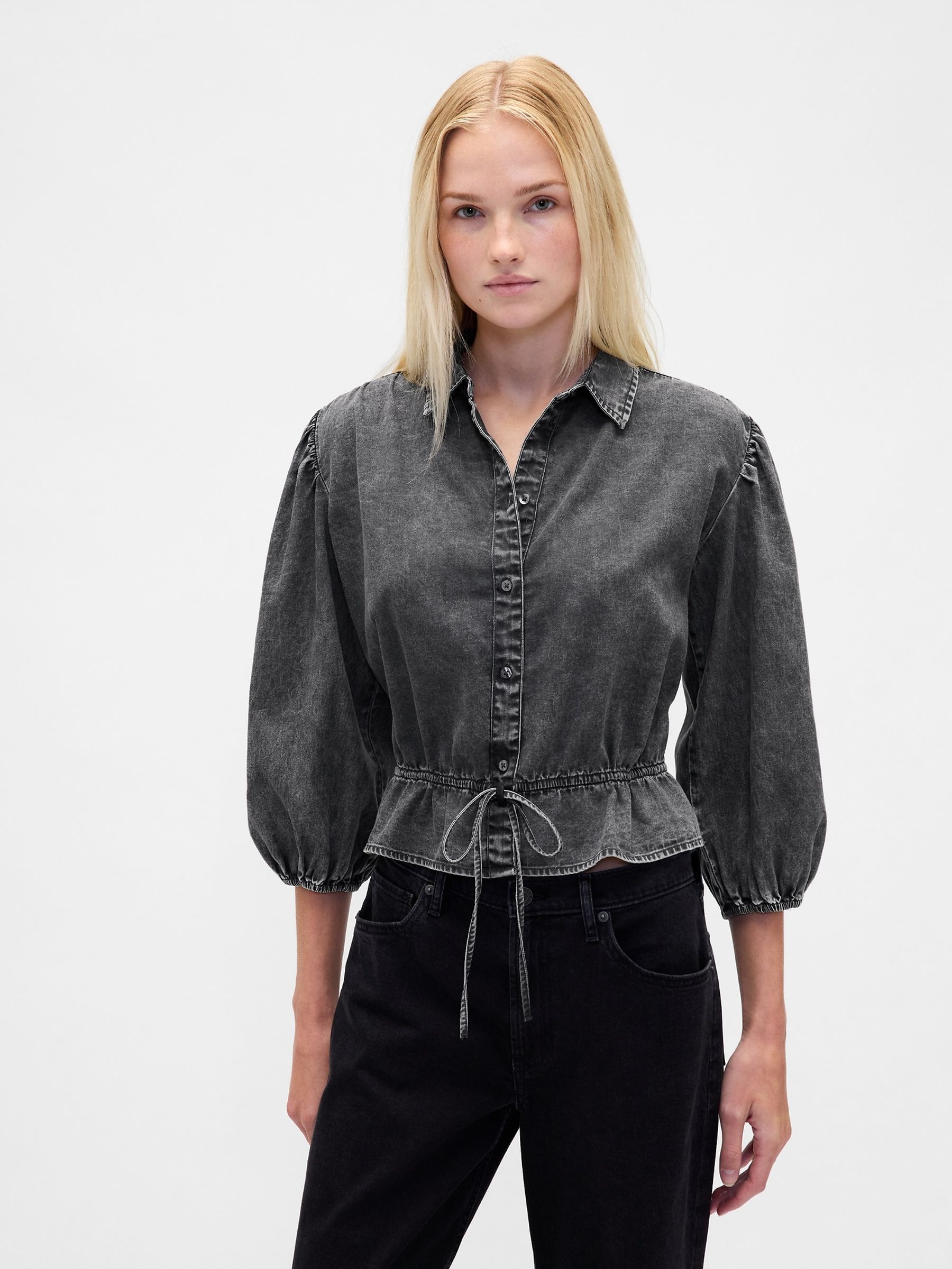 Black Denim Elasticated Waist Top - Image 1 of 4