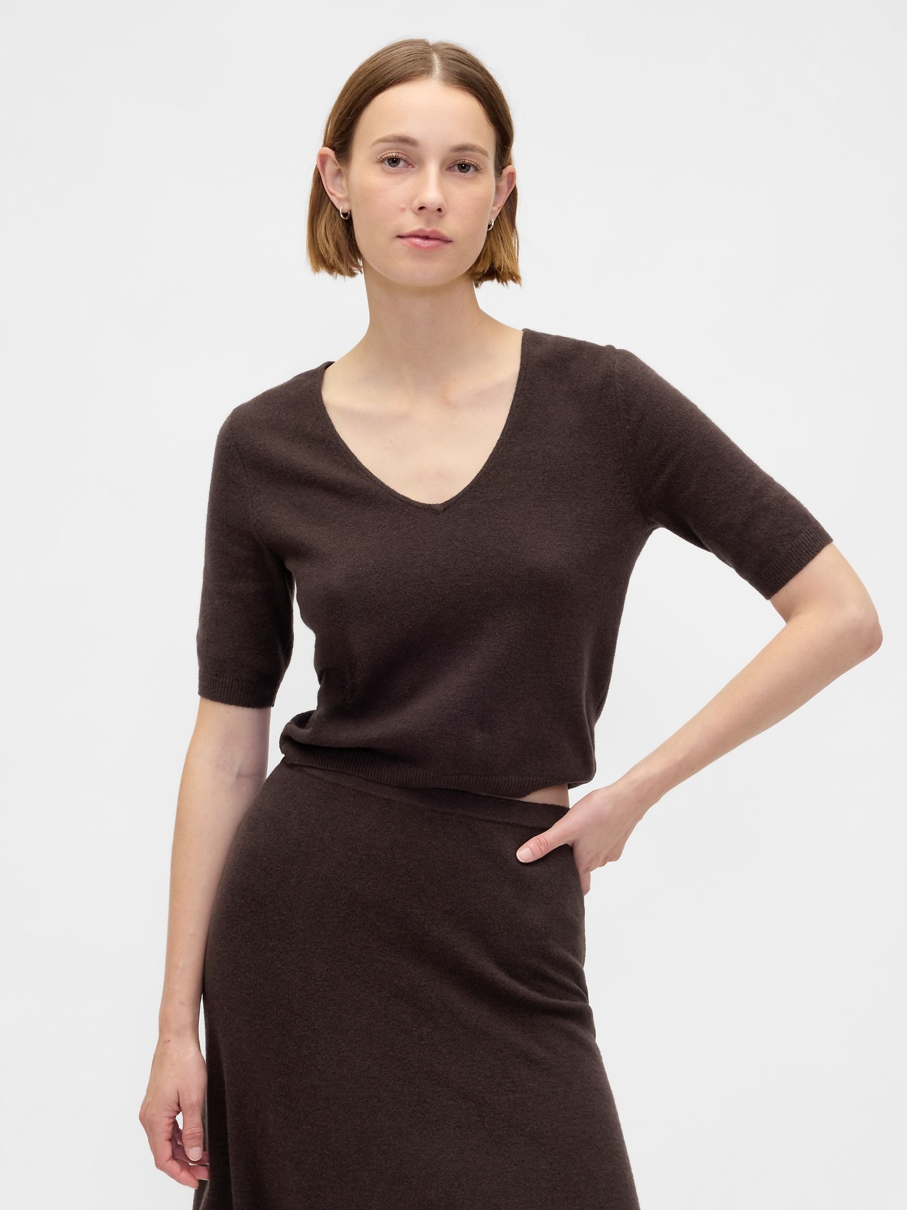 Brown CashSoft Elbow Sleeve Crop Jumper - Image 1 of 4 Brown CashSoft Elbow Sleeve Crop Jumper - Image 1 of 4