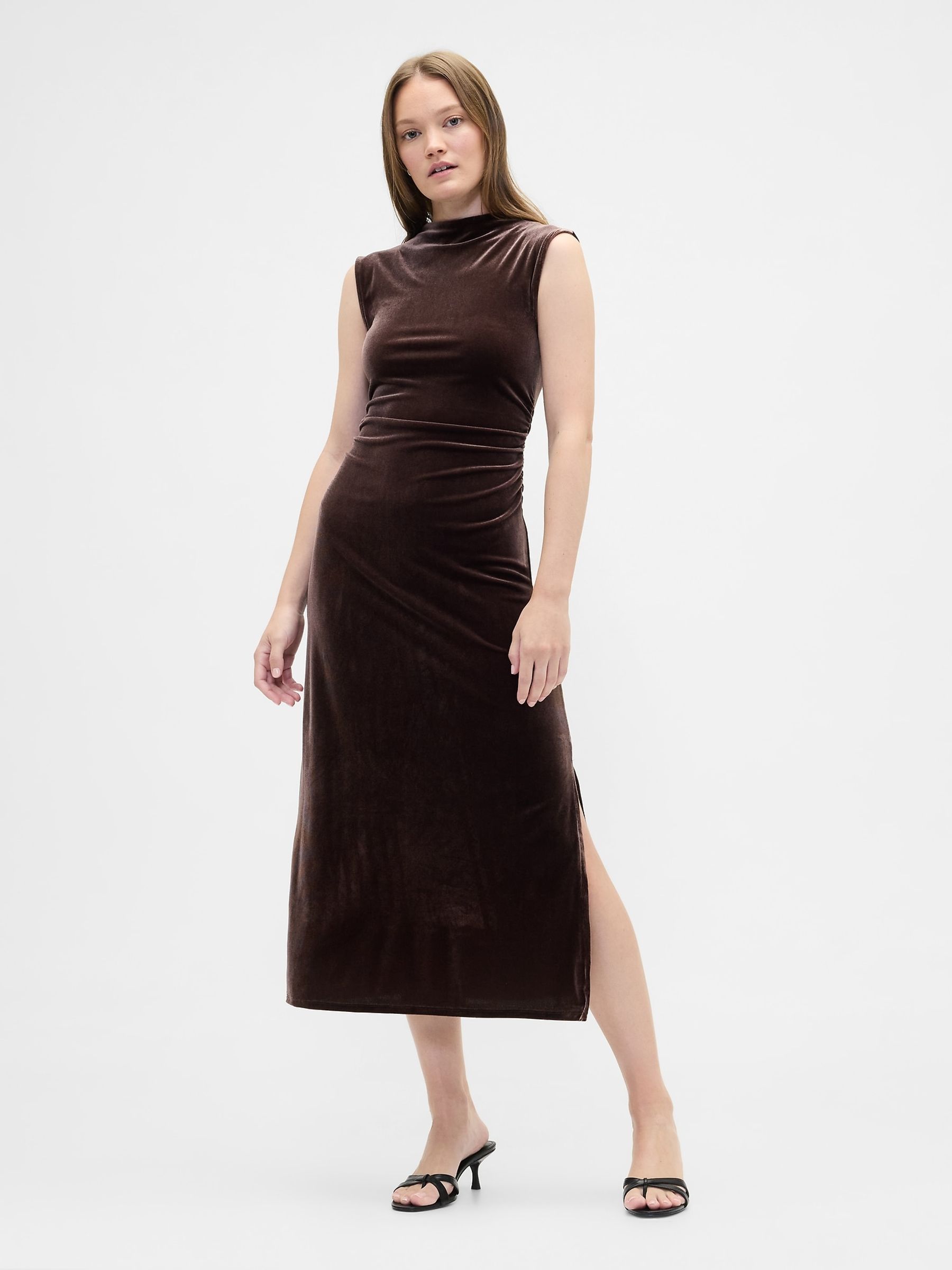 Brown Ruched Velvet Mock Neck Midi Dress - Image 1 of 6