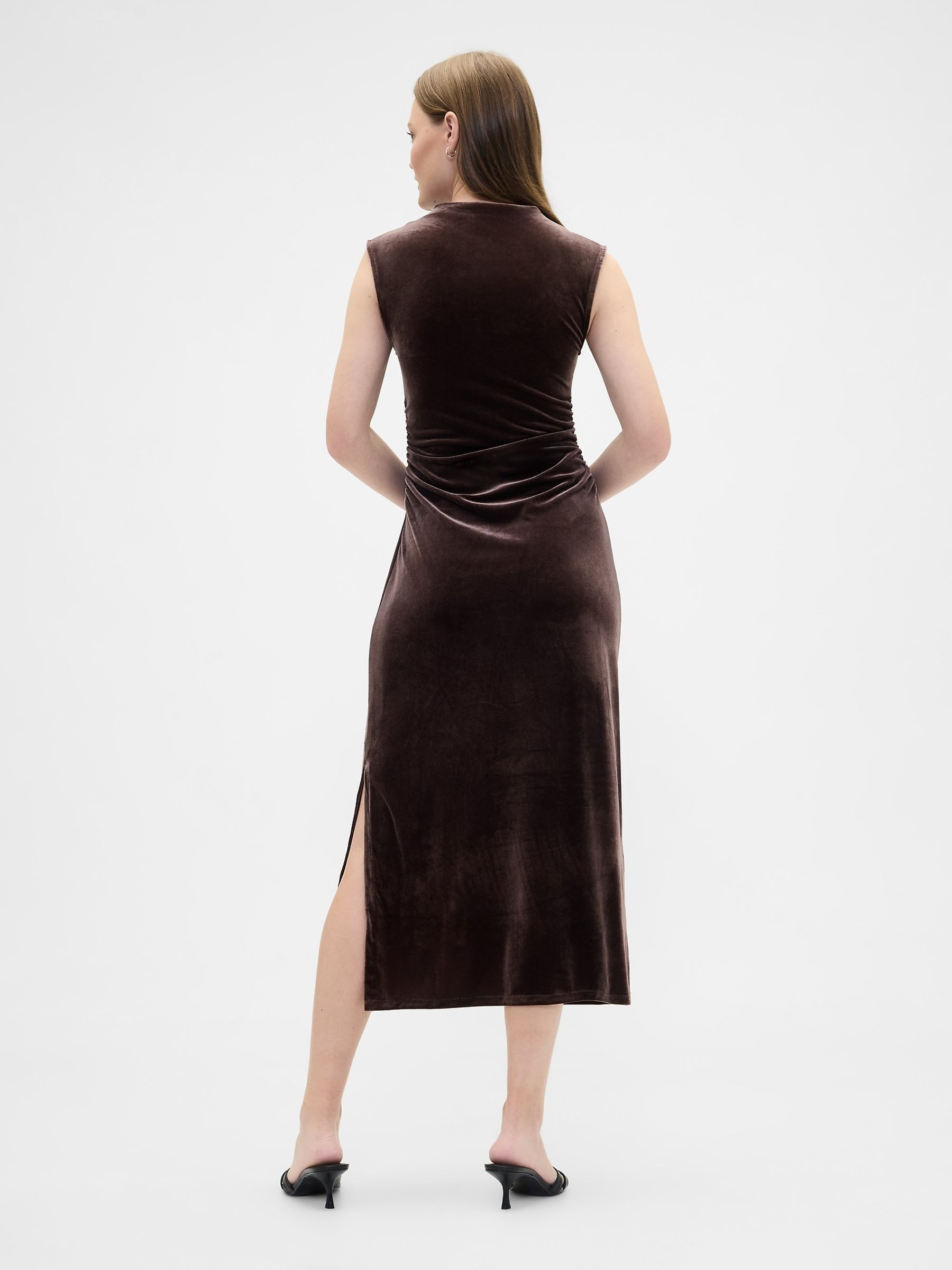Brown Ruched Velvet Mock Neck Midi Dress - Image 2 of 6
