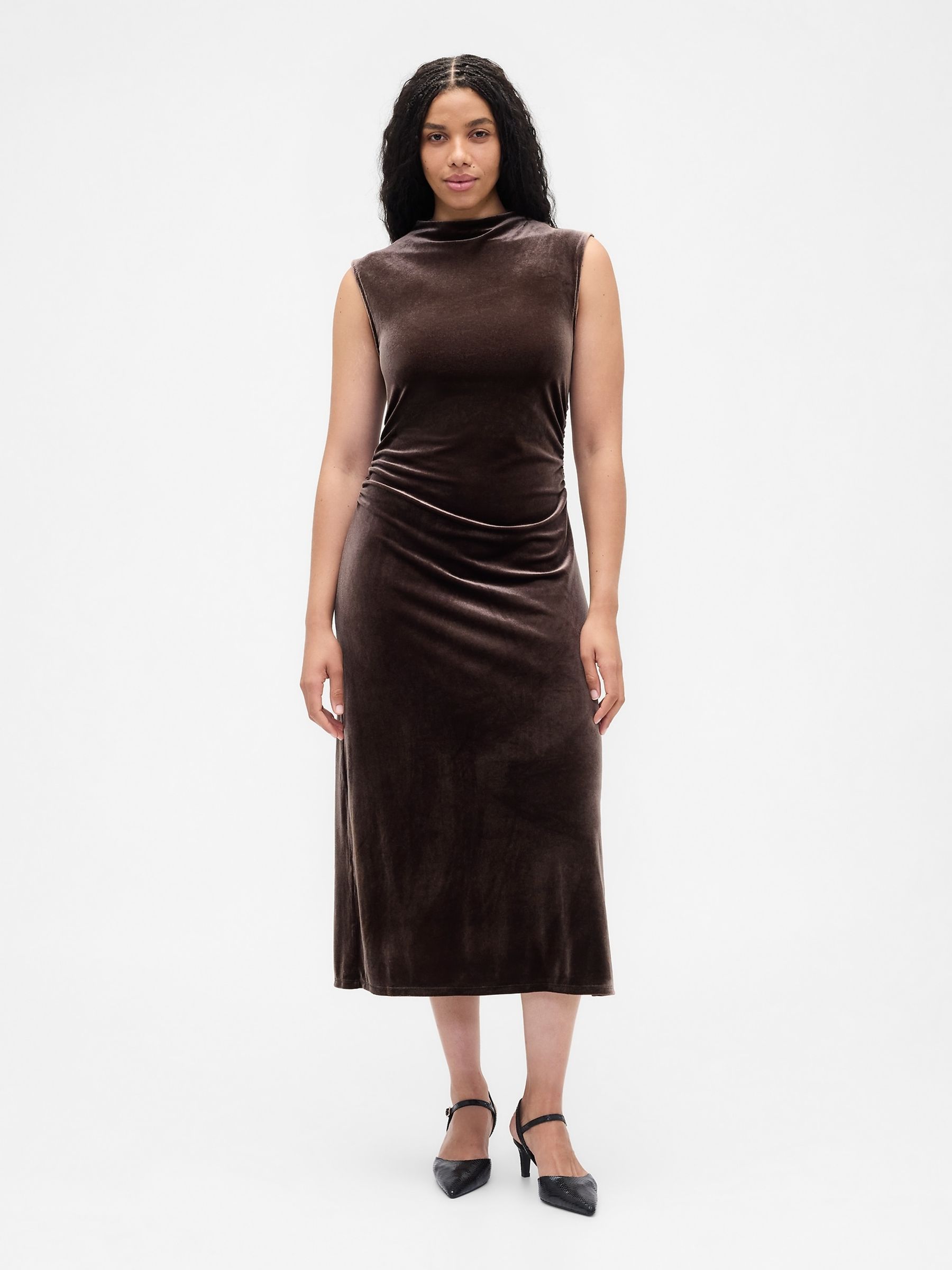 Brown Ruched Velvet Mock Neck Midi Dress - Image 3 of 6