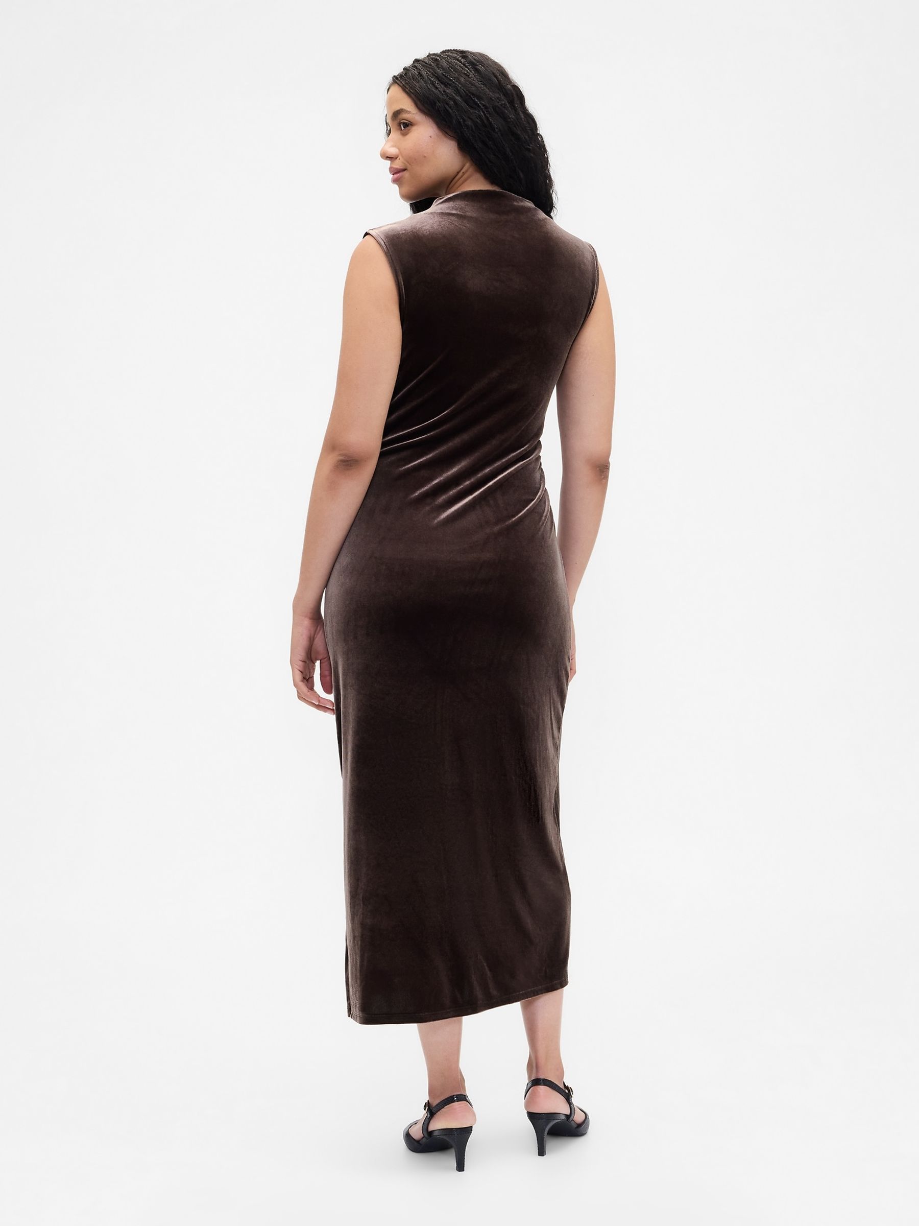 Brown Ruched Velvet Mock Neck Midi Dress - Image 4 of 6