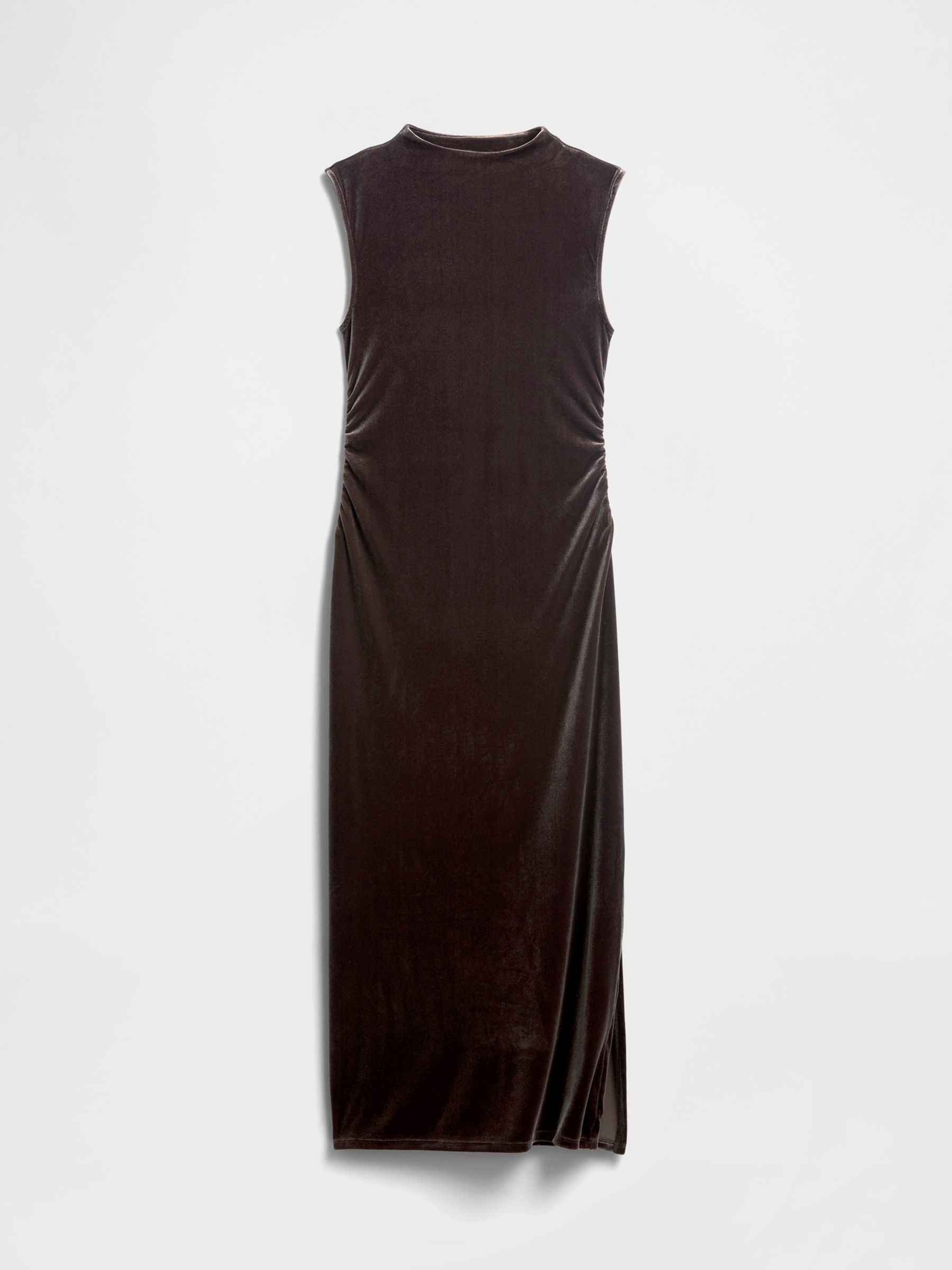 Brown Ruched Velvet Mock Neck Midi Dress - Image 6 of 6