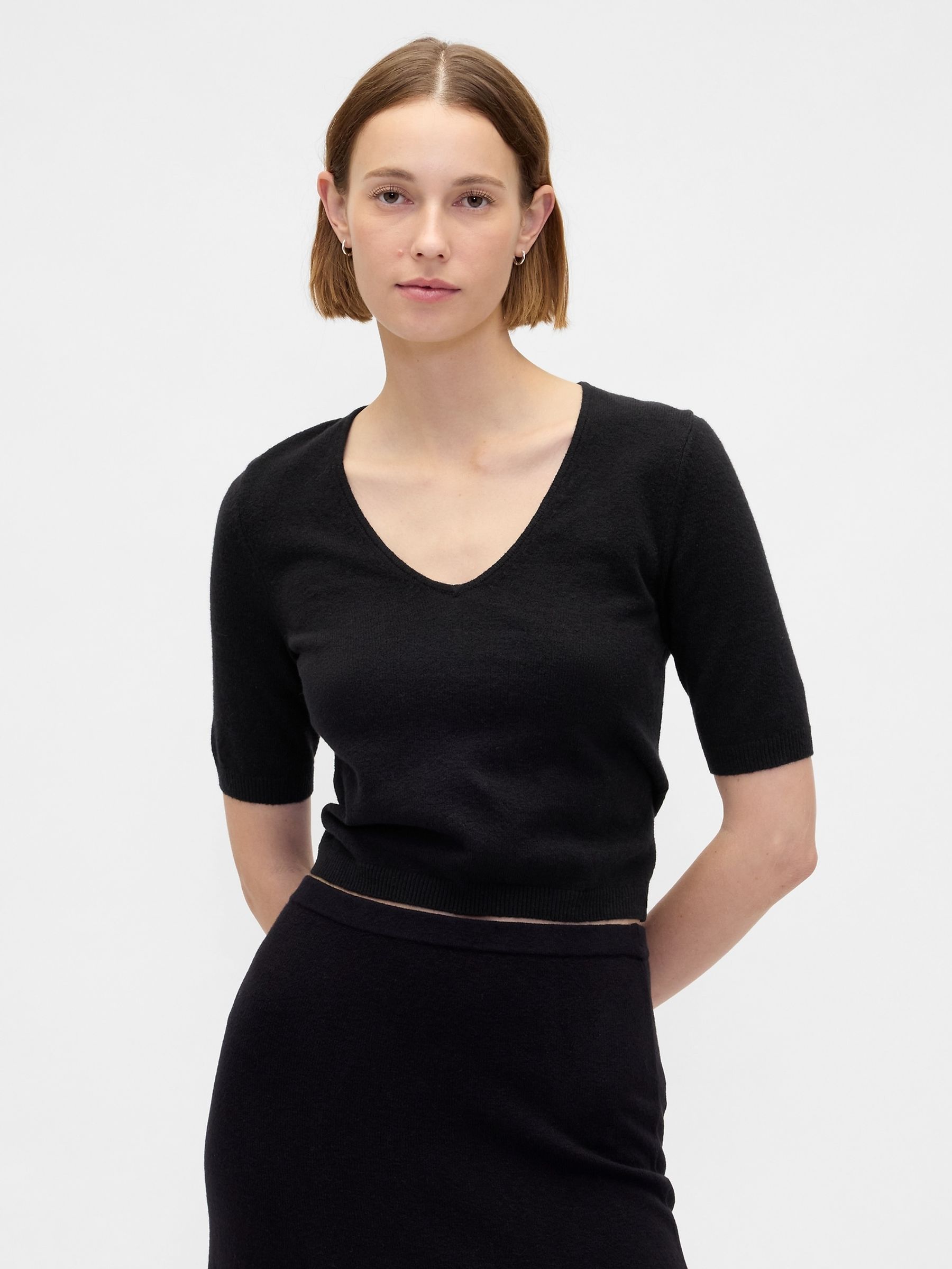 Black CashSoft Elbow Sleeve Crop Jumper - Image 1 of 4