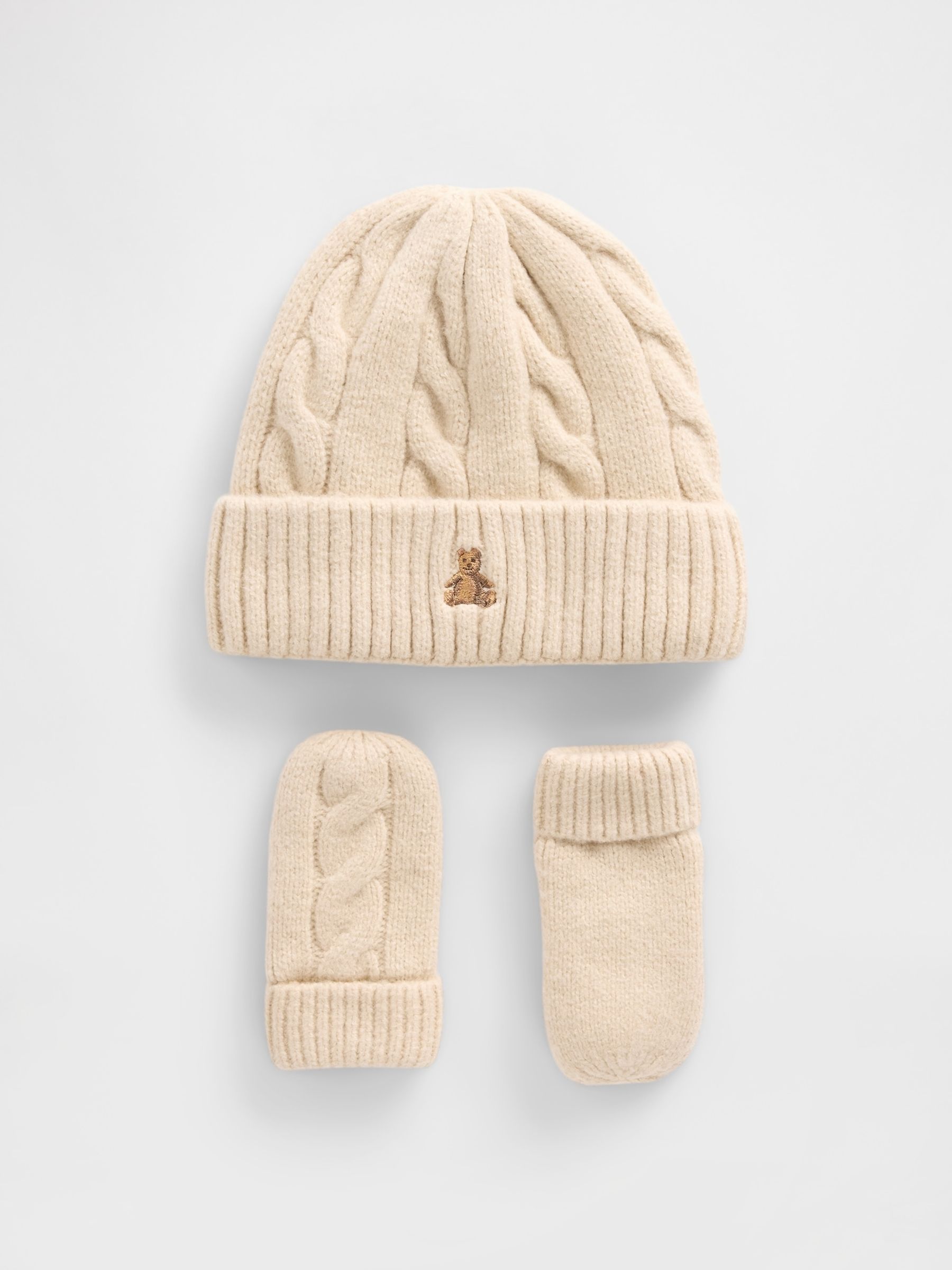 Cream CashSoft Cable-Knit Beanie and Mittens Set - Image 3 of 4