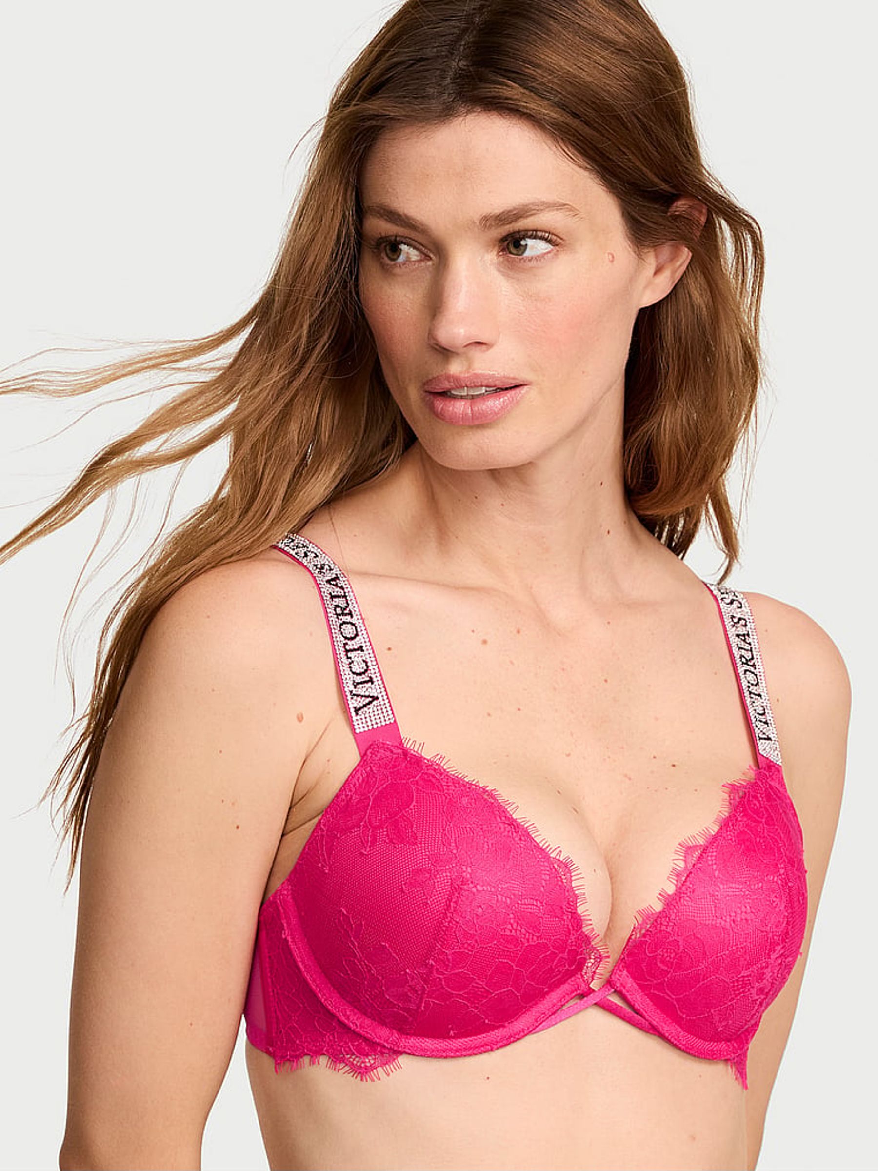 Pop Pink Push Up Shine Strap Lace Bra - Image 1 of 2