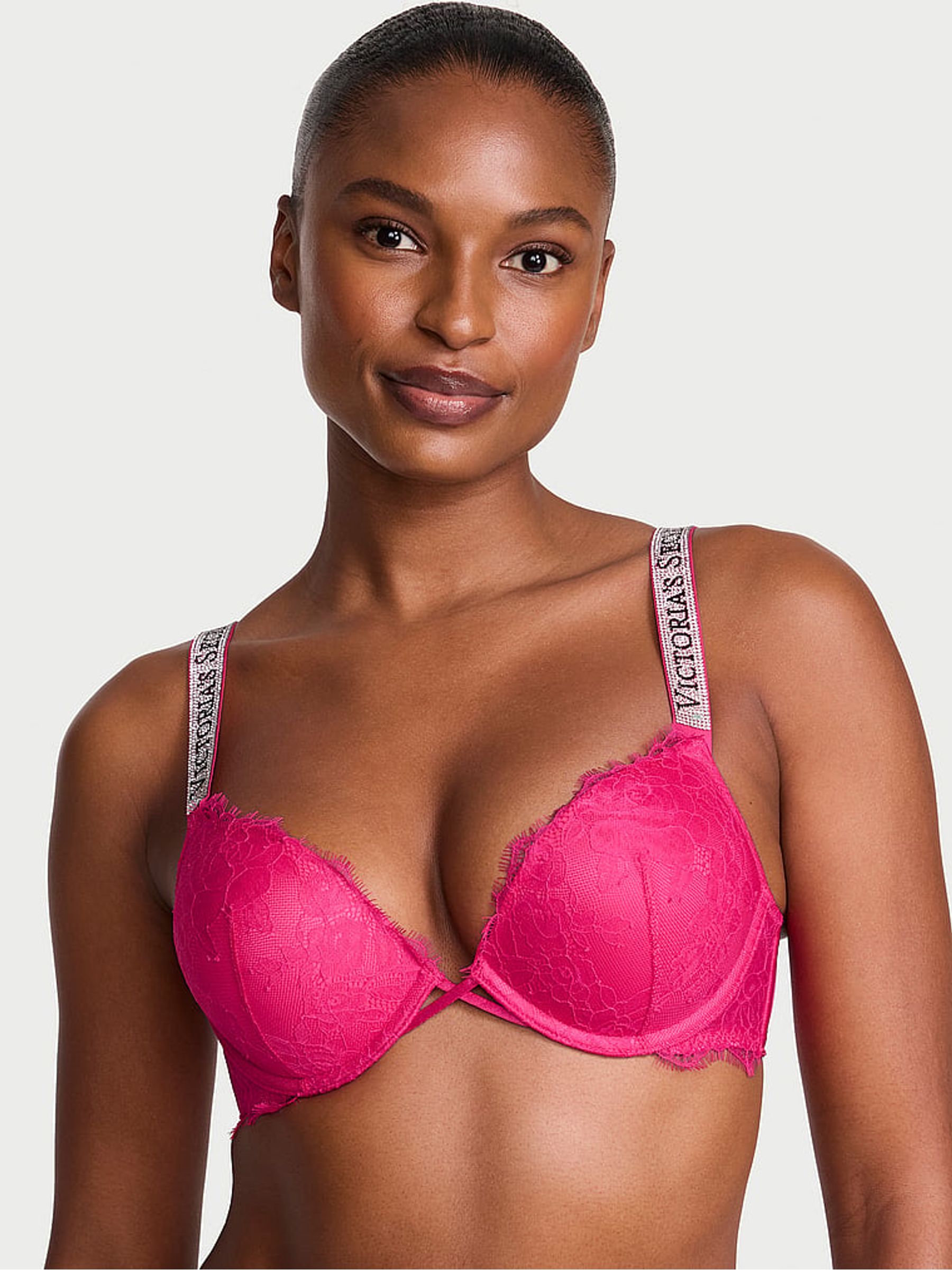 Pop Pink Add 2 Cups Push Up Bombshell Lace Shine Strap Bra - Image 1 of 2