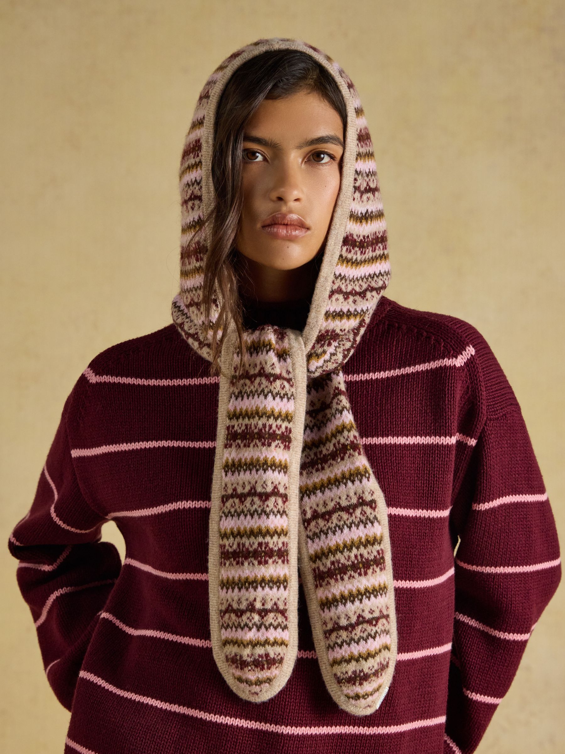 Knitted Oat Fairisle Hooded Scarf - Image 2 of 8 Knitted Oat Fairisle Hooded Scarf - Image 2 of 8