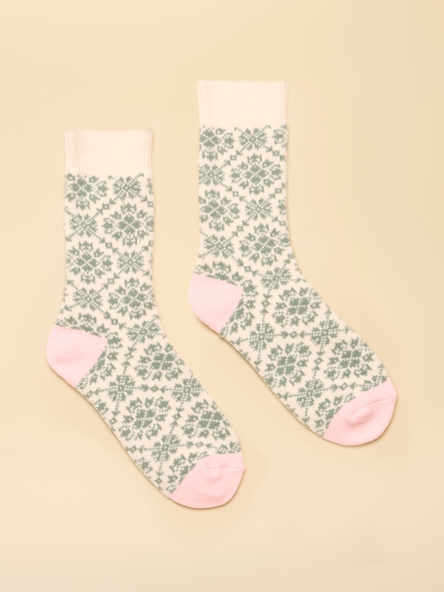 Women's Cosy Khaki Green Geo Socks (Size 4-8) - Image 1 of 3