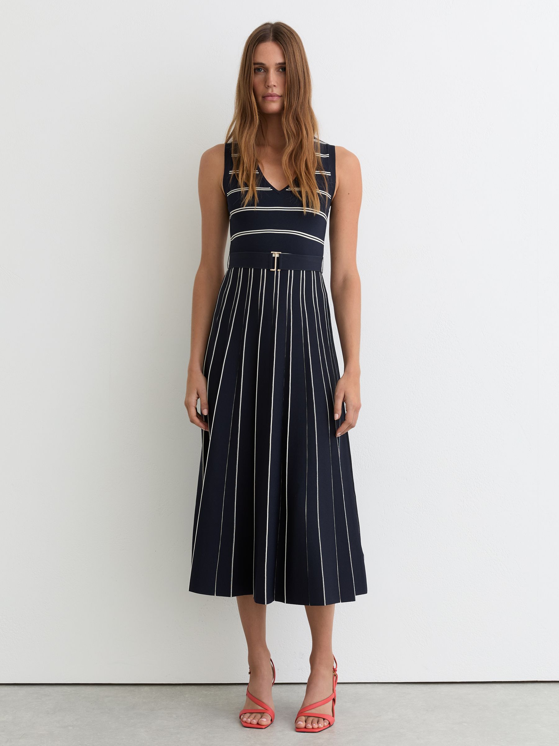Sleeveless Stripe Knitted Midi Dress in Navy/Ivory - Image 1 of 7