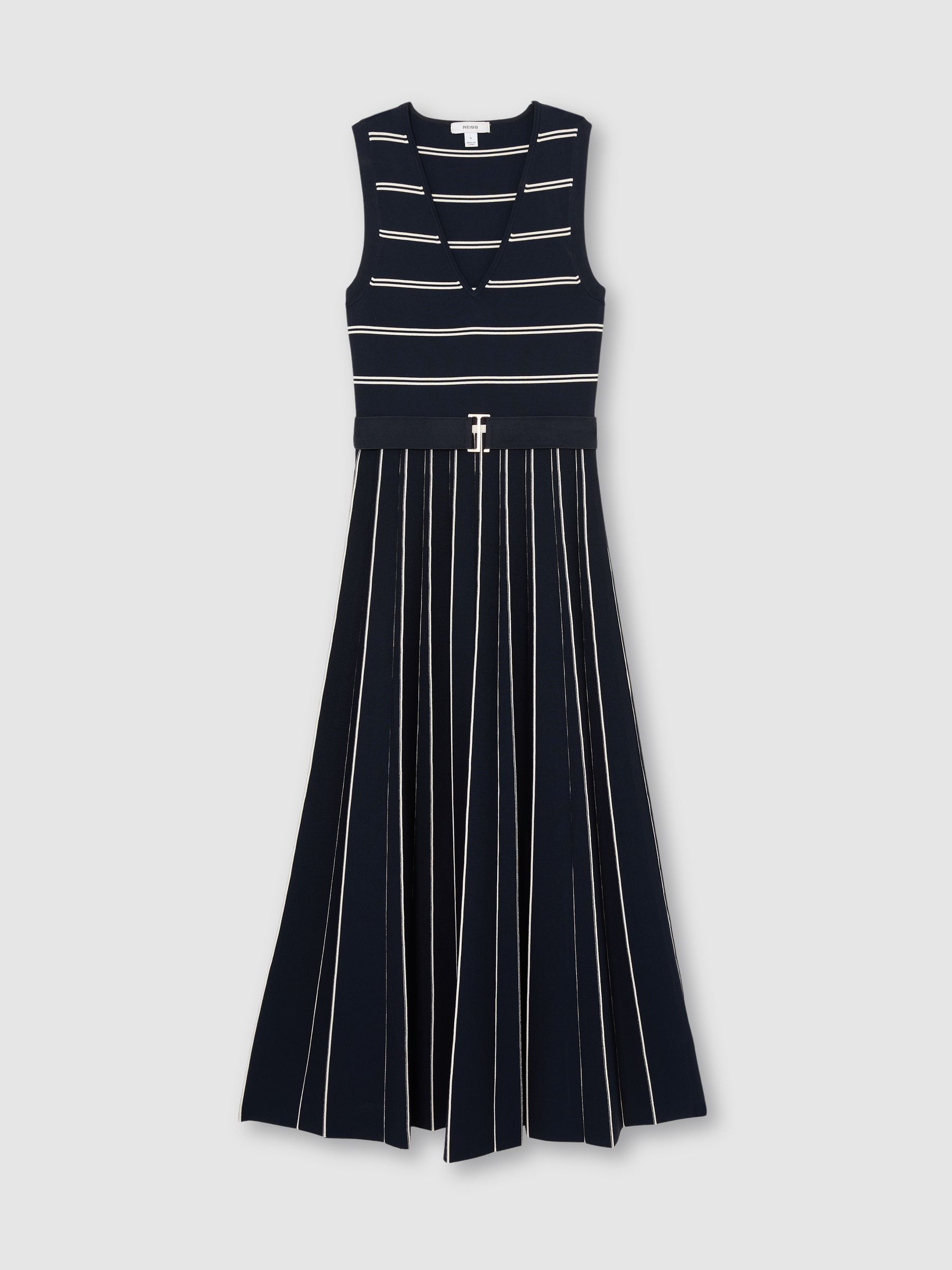 Sleeveless Stripe Knitted Midi Dress in Navy/Ivory - Image 2 of 7