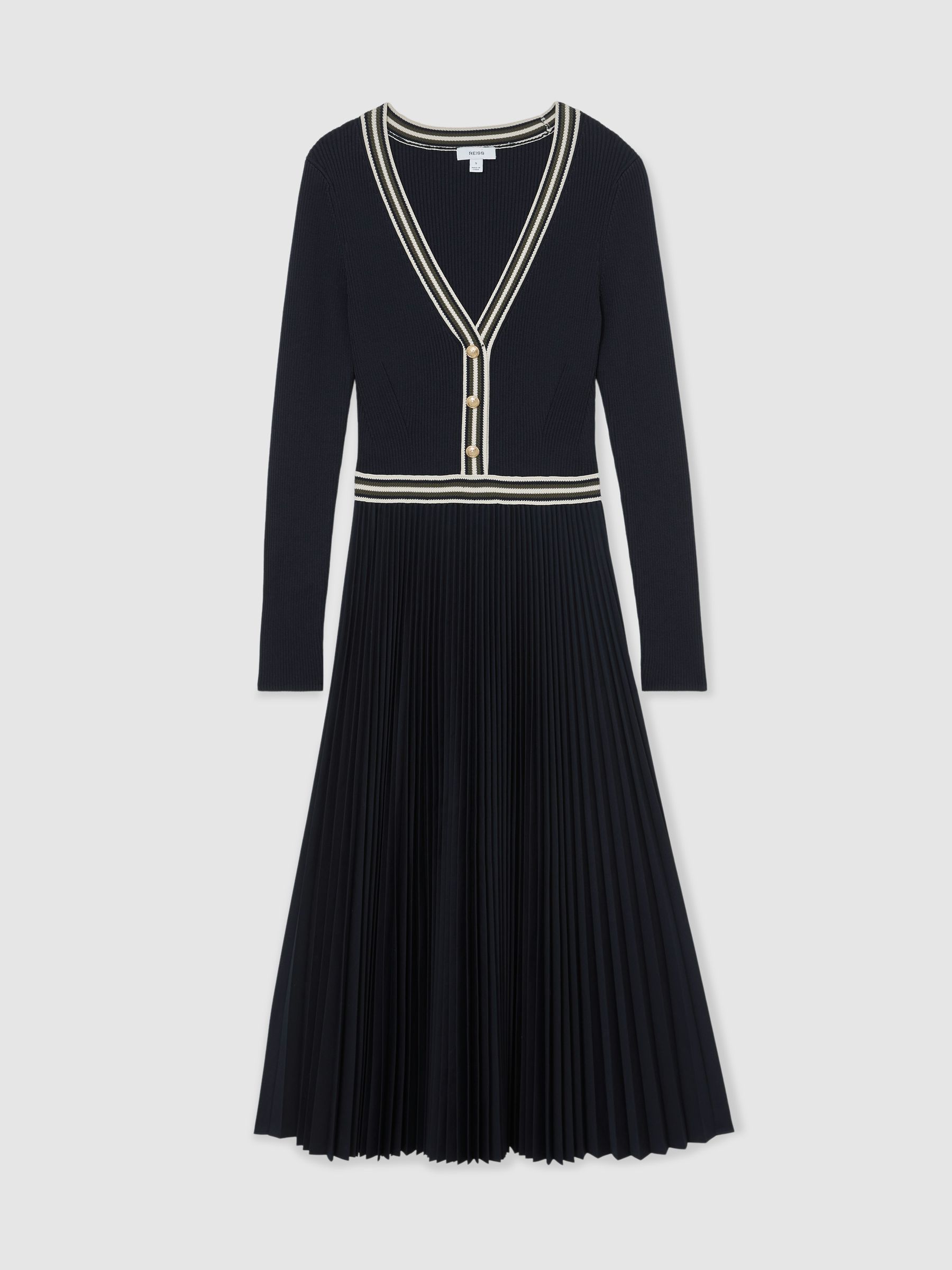 Rib-Knit Stripe-Trim Pleated Midi Dress in Navy - image 1
