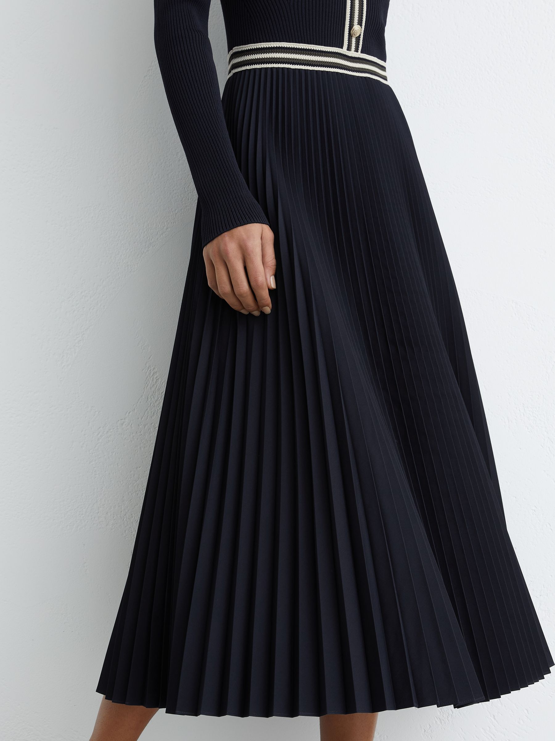 Rib-Knit Stripe-Trim Pleated Midi Dress in Navy - Image 4 of 6