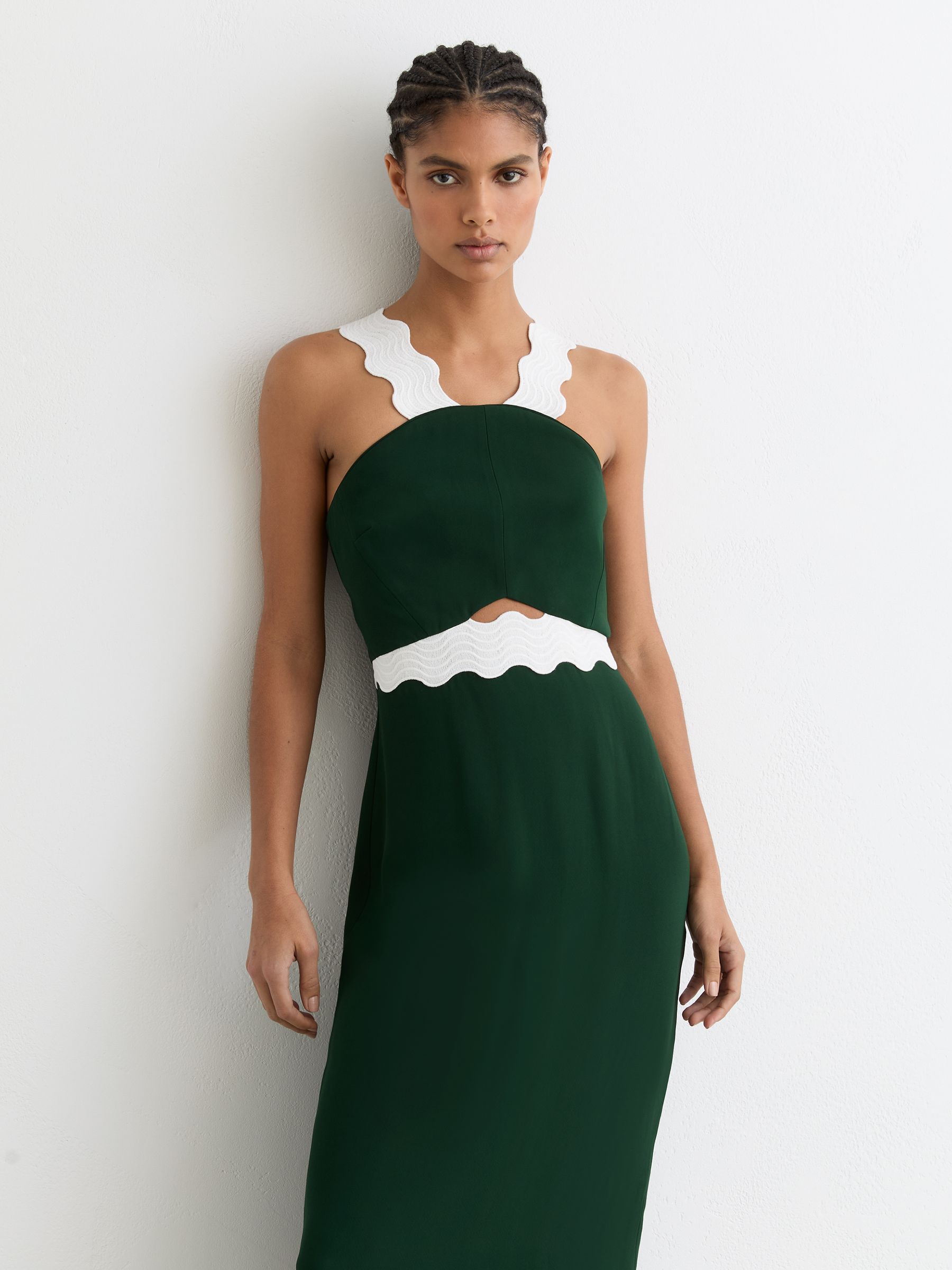 Contrast Wave-Trim Fitted Midi Dress in Dark Green/Ivory - Image 1 of 6