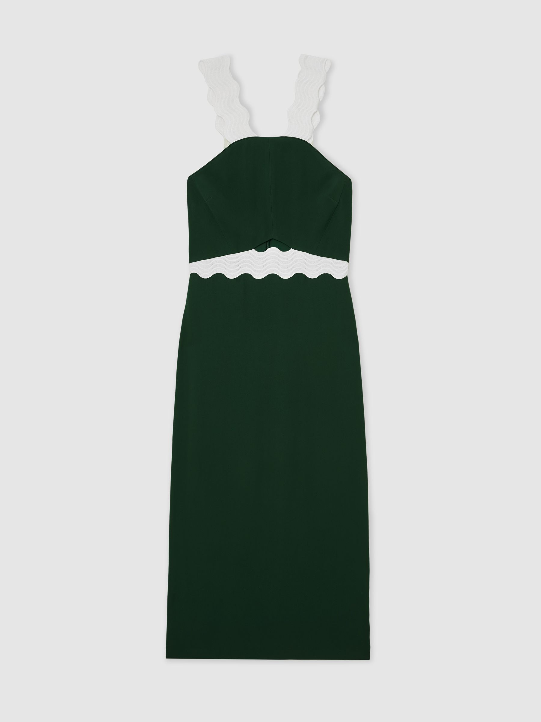 Contrast Wave-Trim Fitted Midi Dress in Dark Green/Ivory