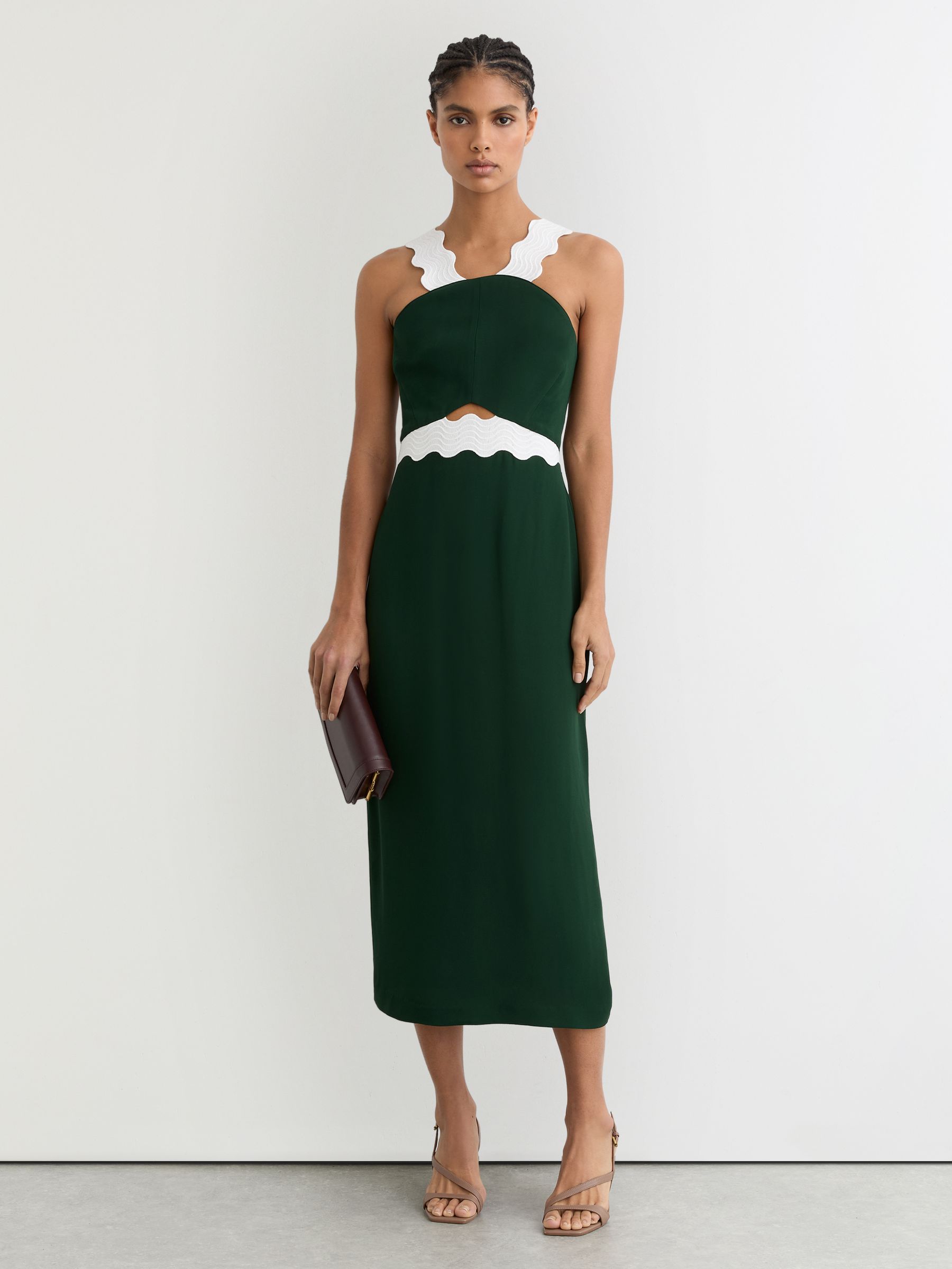 Contrast Wave-Trim Fitted Midi Dress in Dark Green/Ivory - Image 3 of 6