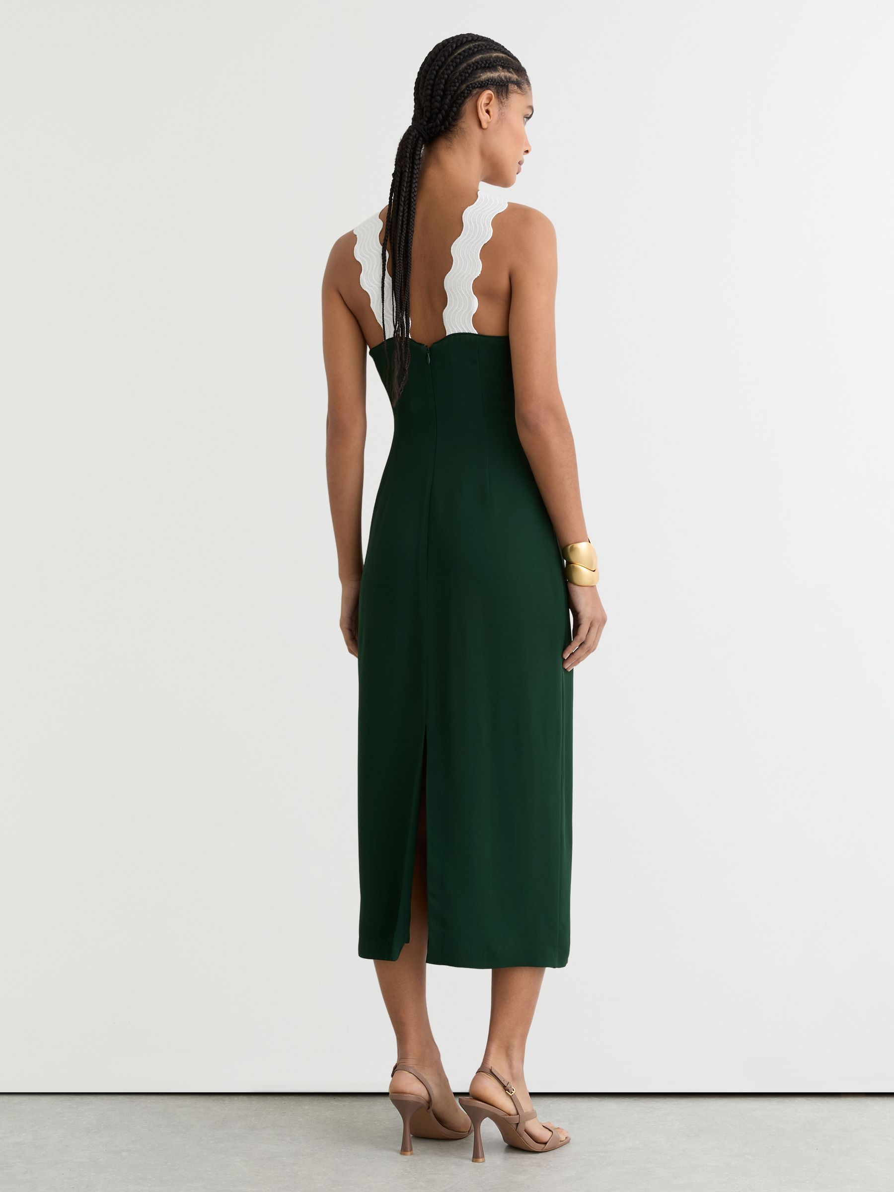 Contrast Wave-Trim Fitted Midi Dress in Dark Green/Ivory - Image 5 of 6